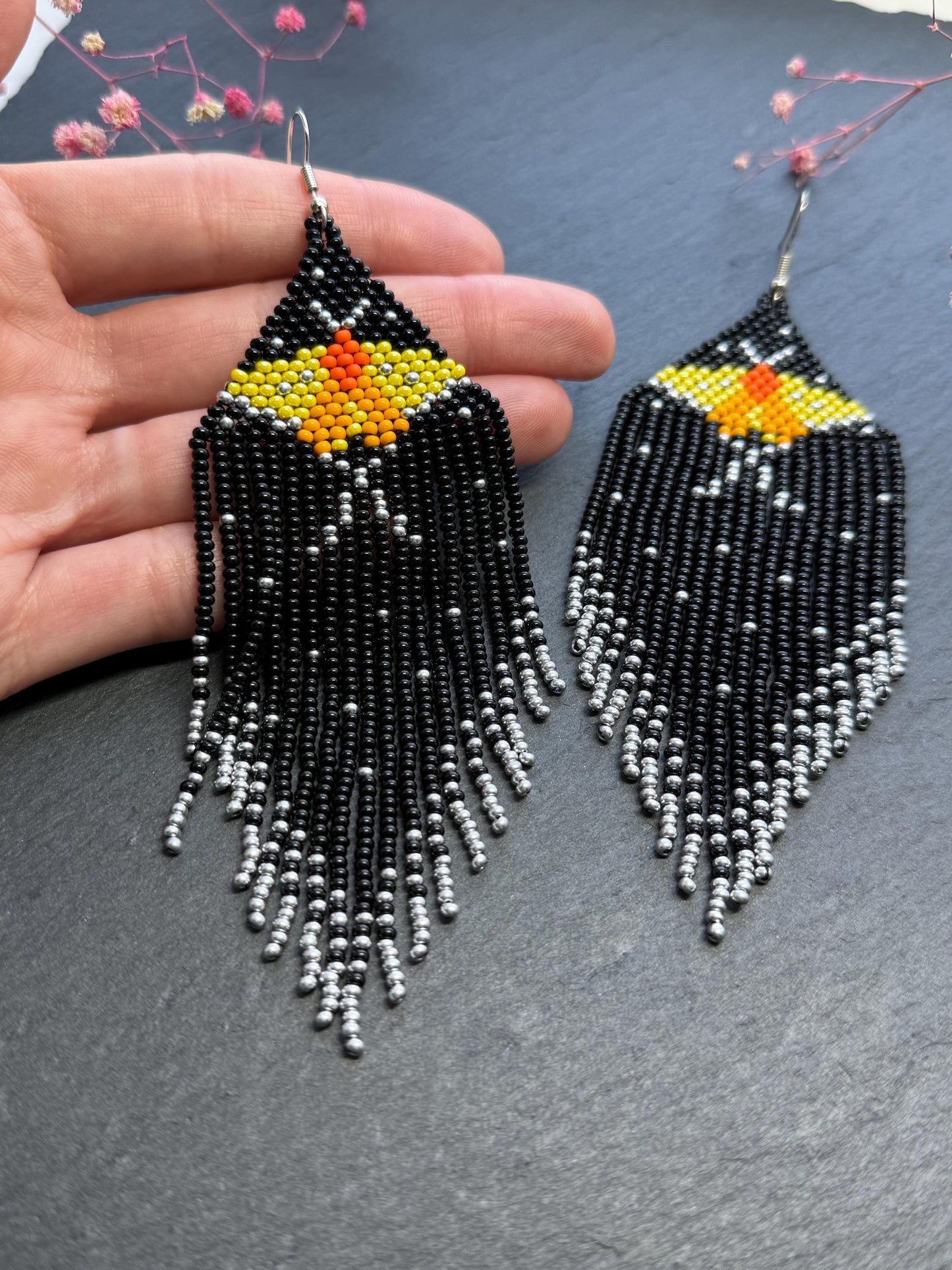 Handmade black and silver beaded butterfly earrings. Bright yellow butterfly, unique modern boho statement dangle earrings, jewelry gift for women image 6