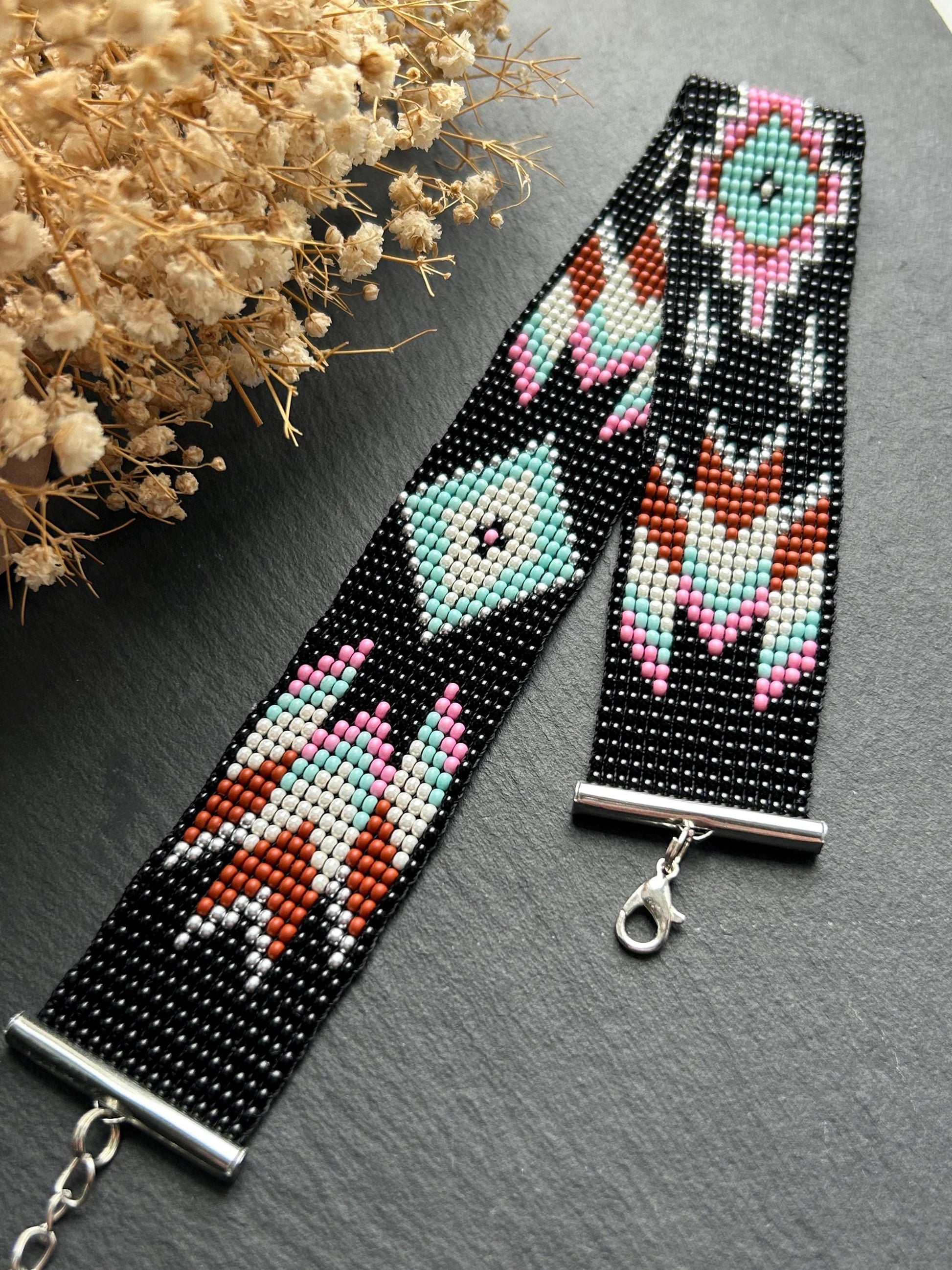 Unique handmade black beaded choker with geometric ornament in turquoise, pink, beige, and silver tones. Native American style boho statement choker necklace with adjustable chain image 8