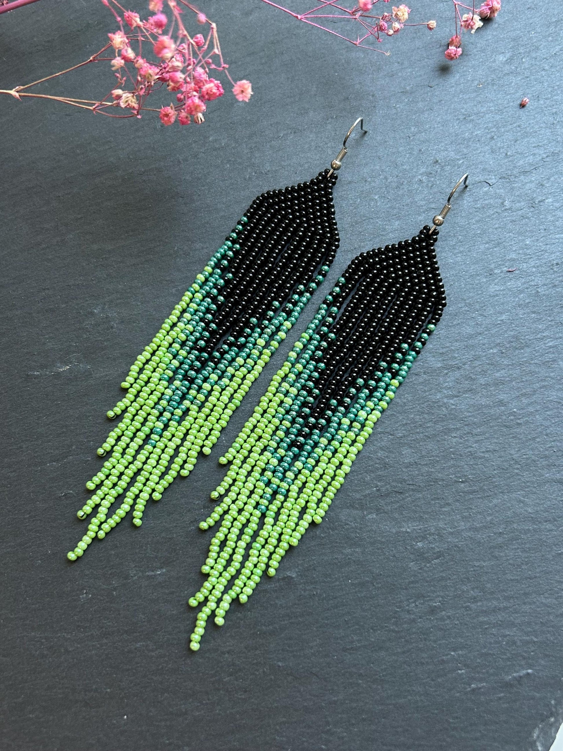 Long ombre beaded earrings in black and green with delicate fringe. Unique handmade jewelry for women, combining modern style with effortless elegance image 3