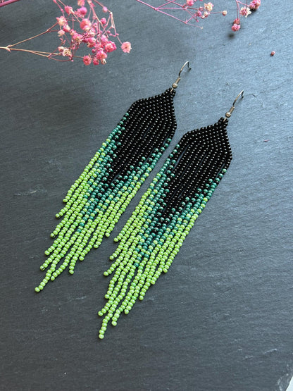 Long ombre beaded earrings in black and green with delicate fringe. Unique handmade jewelry for women, combining modern style with effortless elegance image 3
