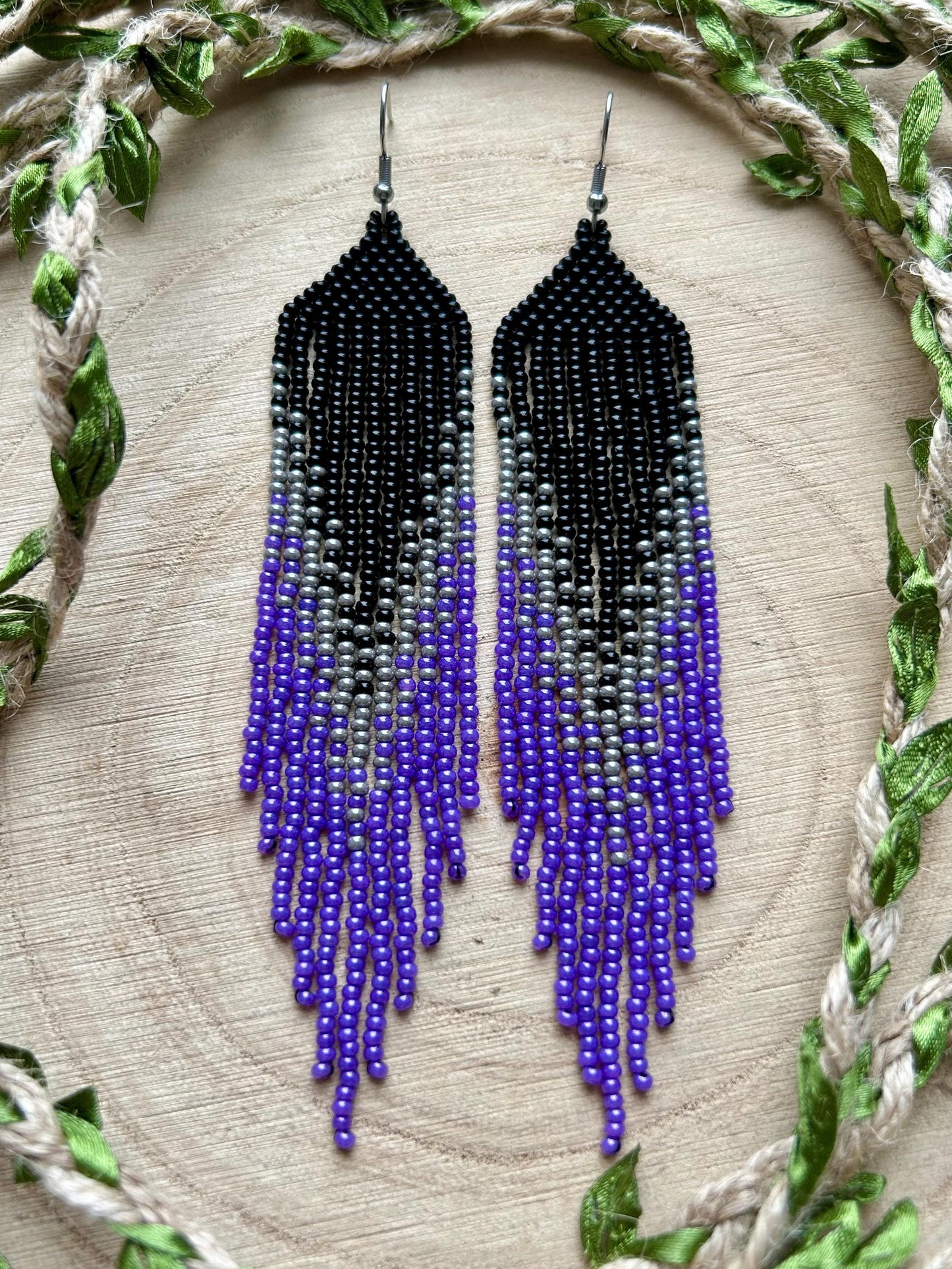 Long handmade black earrings with purple ombre and flowing fringe. Unique boho statement jewelry with elegant design, perfect gift for handmade jewelry lovers image 8