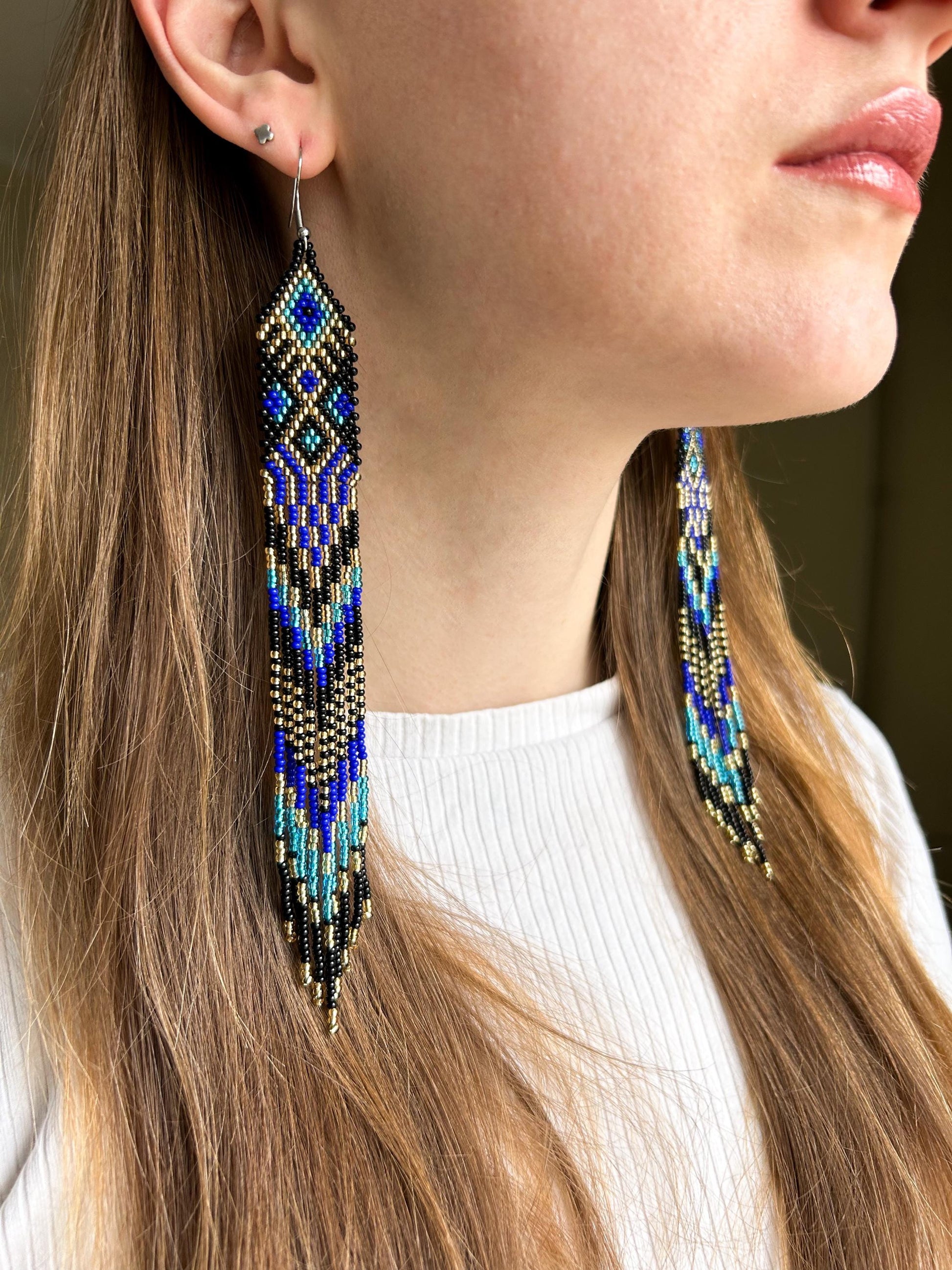 Handmade long black, blue, and gold beaded earrings with Native American ethnic design and fringe. Unique statement boho earrings for women image 3
