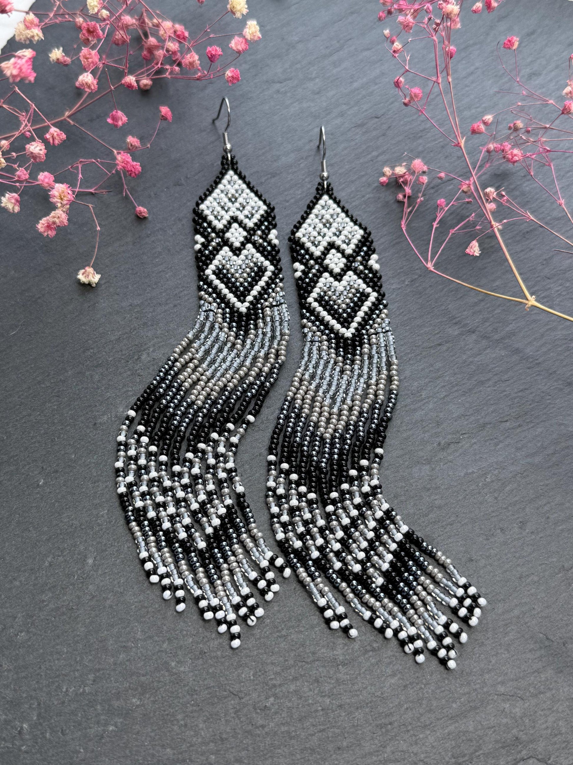 Long black and gray beaded fringe earrings in Native American style. Handmade statement earrings for women, unique ethnic design and perfect gift image 1