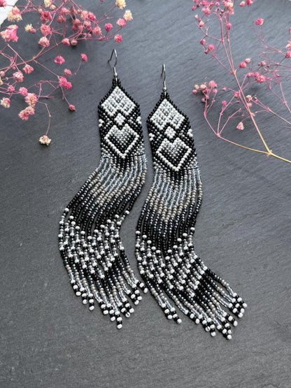 Long black and gray beaded fringe earrings in Native American style. Handmade statement earrings for women, unique ethnic design and perfect gift image 1