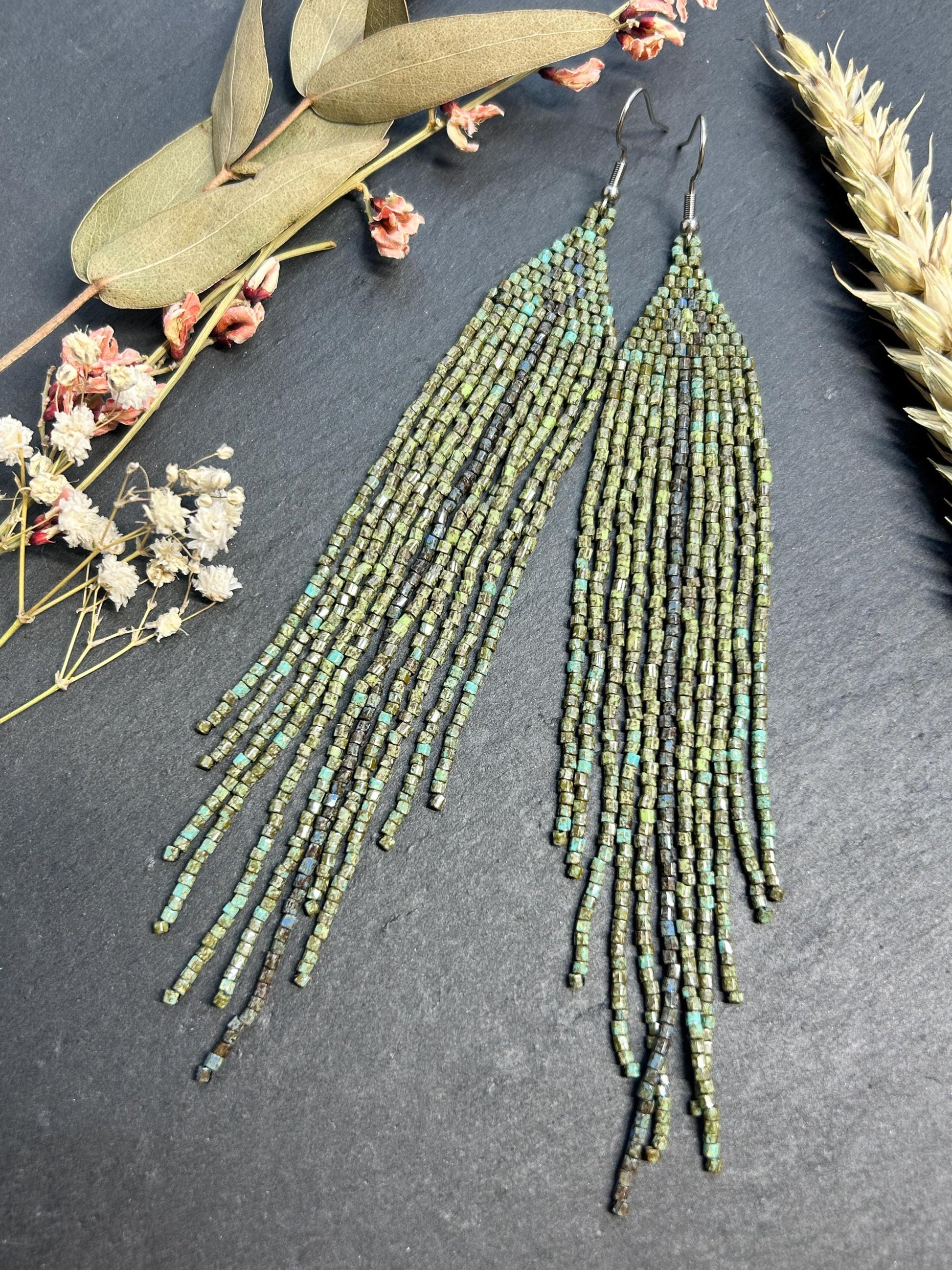 Long handmade green beaded earrings with fringe. Boho statement jewelry in natural shades, unique accessory for minimalist and artistic style image 2