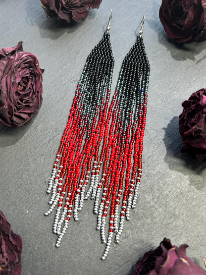 Long black and red ombre handmade beaded earrings with flowing fringe. Unique boho statement jewelry, perfect gift for women image 9