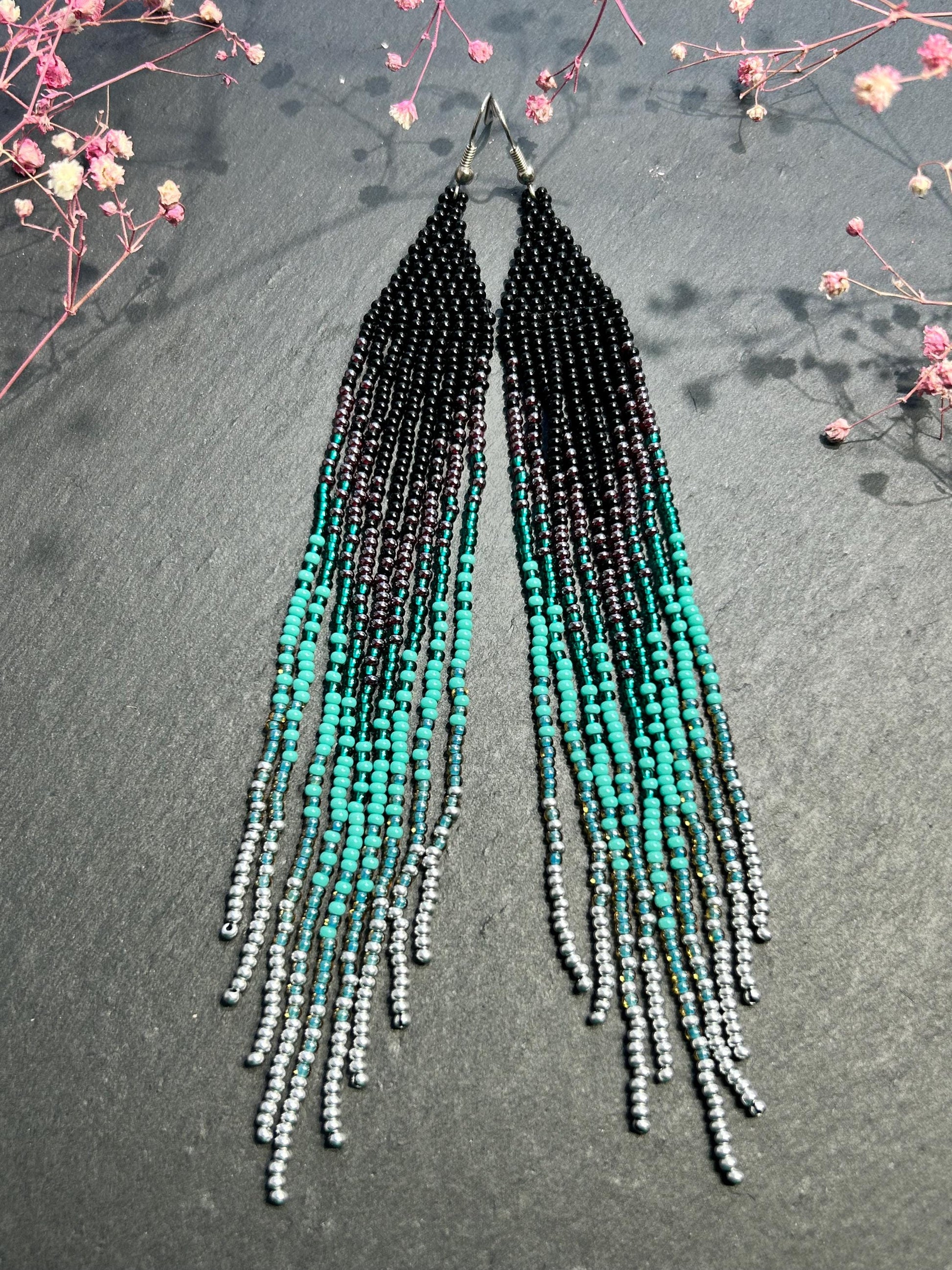 Handmade long black and green beaded fringe earrings with ombre design. Boho statement jewelry, lightweight and stylish image 6