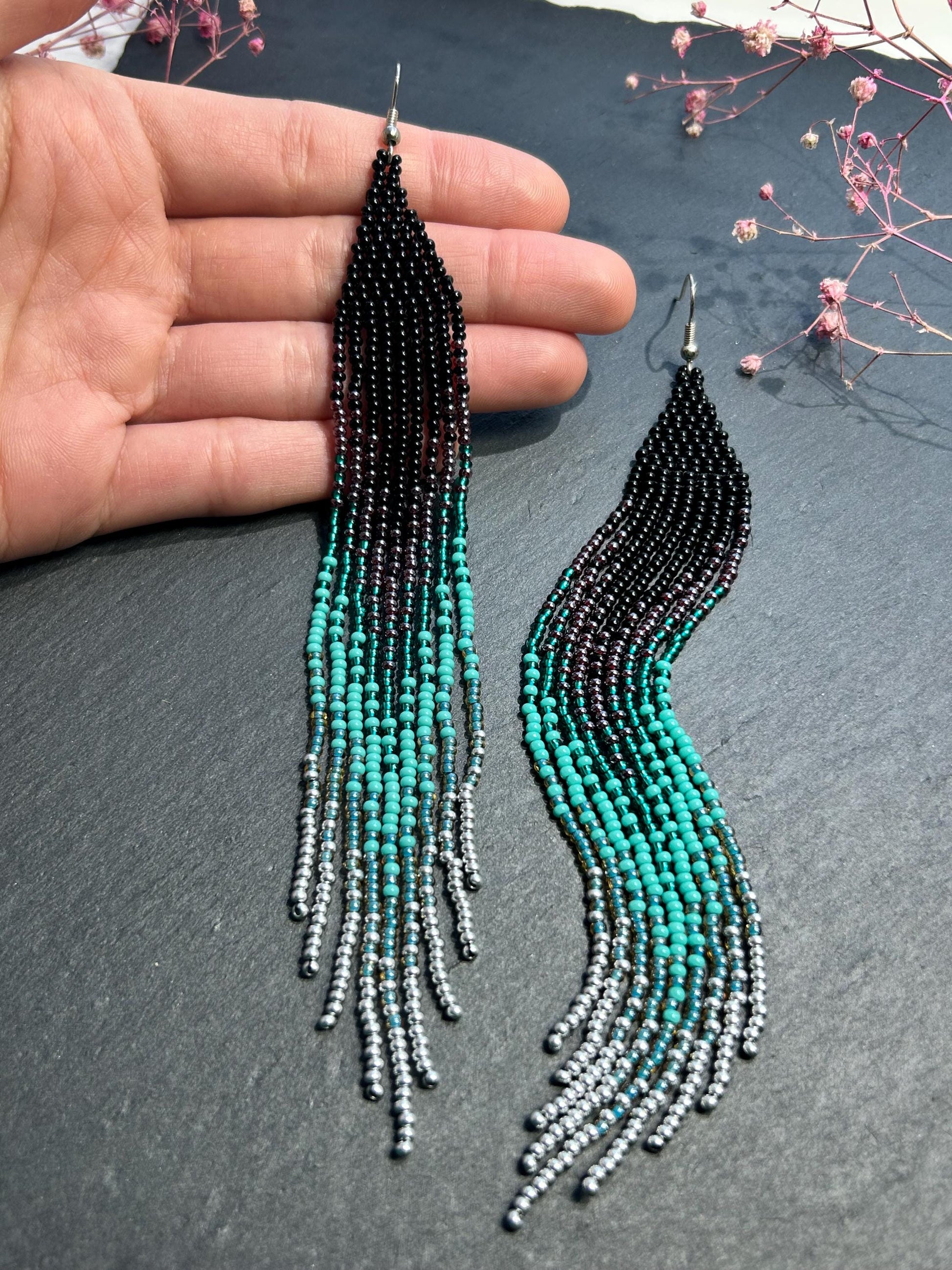 Handmade long black and green beaded fringe earrings with ombre design. Boho statement jewelry, lightweight and stylish image 5