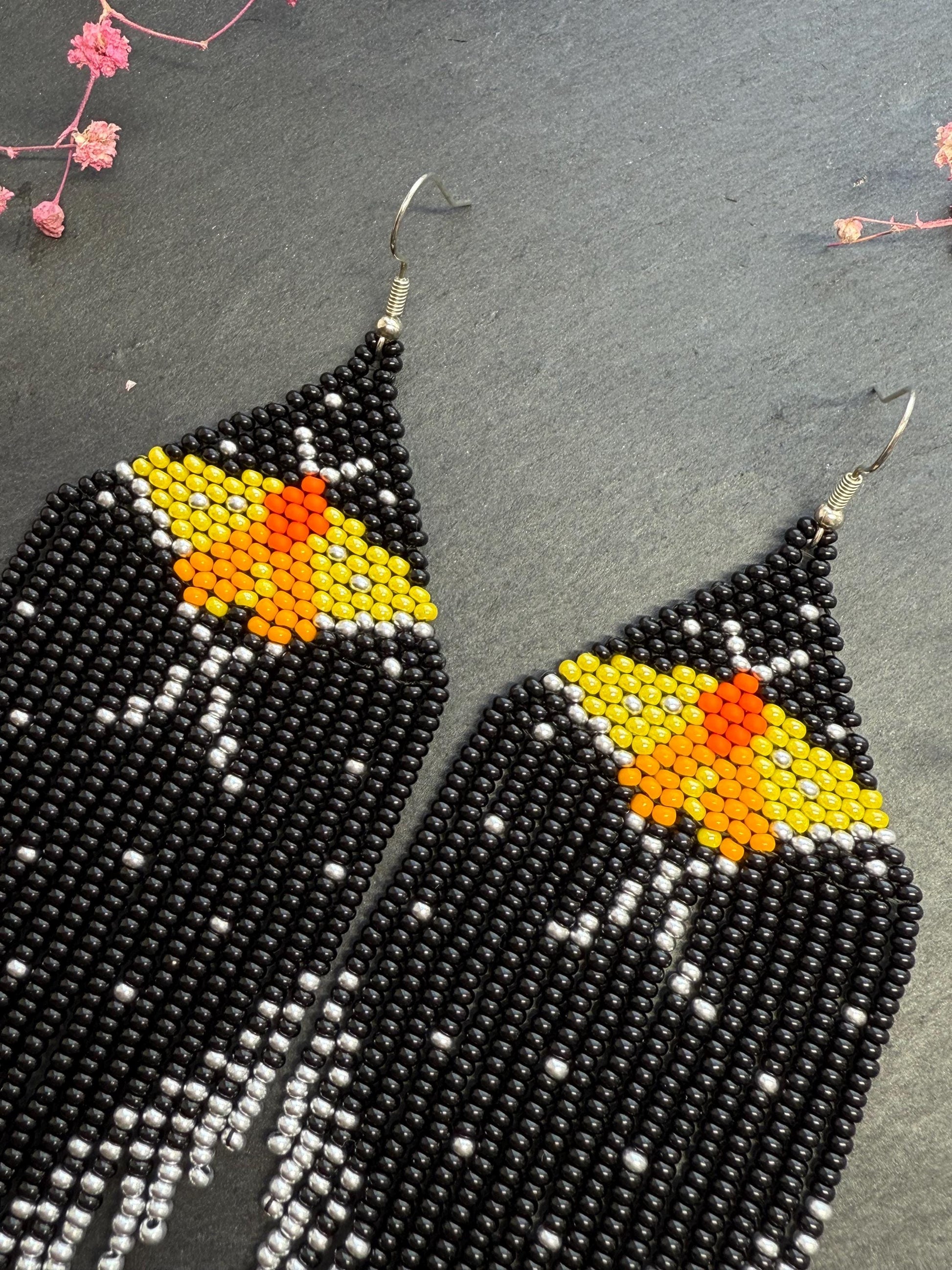 Handmade black and silver beaded butterfly earrings. Bright yellow butterfly, unique modern boho statement dangle earrings, jewelry gift for women image 4