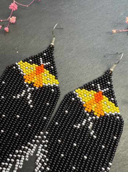 Handmade black and silver beaded butterfly earrings. Bright yellow butterfly, unique modern boho statement dangle earrings, jewelry gift for women image 4