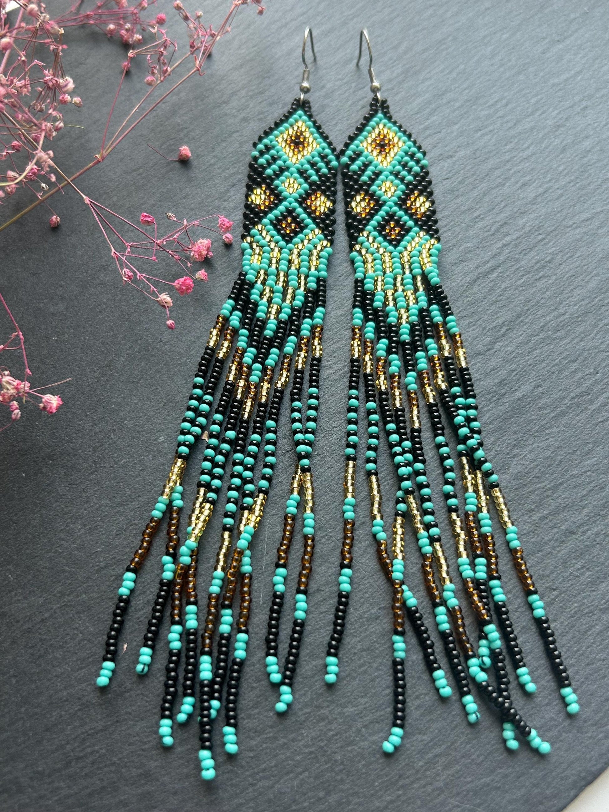 Handmade long black, turquoise, and gold beaded earrings with Native American ethnic design and fringe. Unique boho statement earrings for women image 8