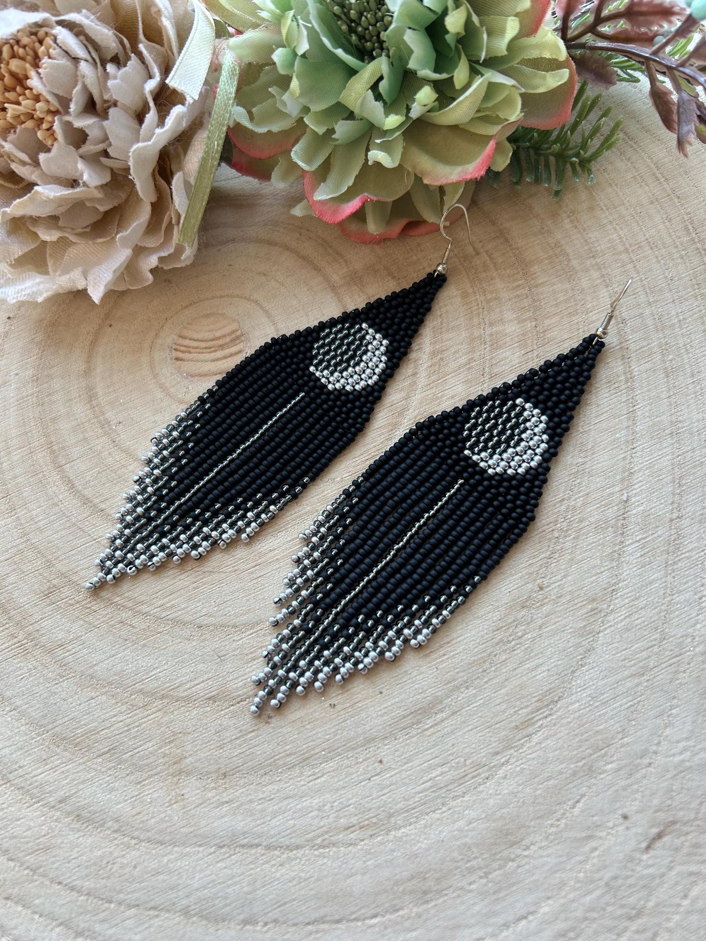 Unique handmade black beaded earrings with silver lunar eclipse motif and fringe. Boho celestial statement jewelry for mystical and artistic style image 3