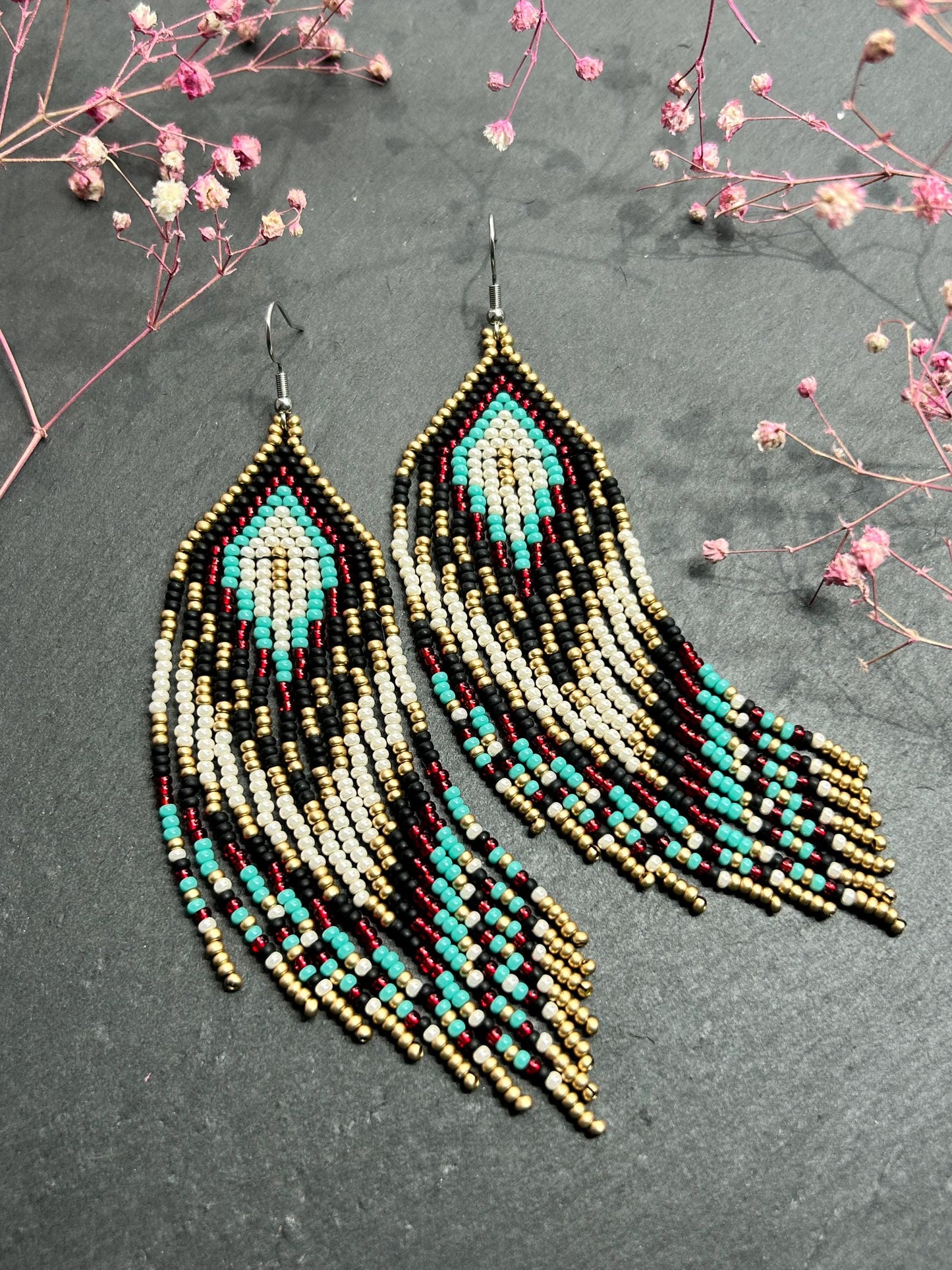 Long Native style beaded earrings with fringe in black, copper, turquoise and red. Handmade ethnic boho jewelry that adds movement and unique style image 7
