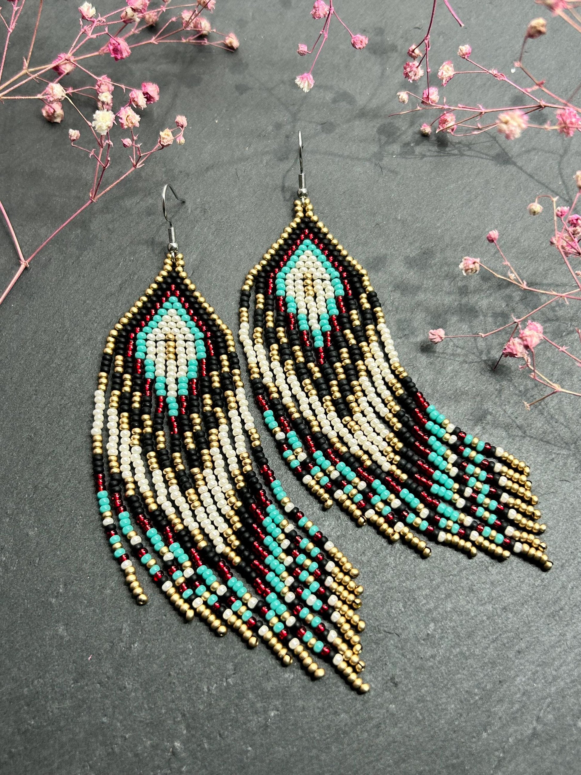 Long Native style beaded earrings with fringe in black, copper, turquoise and red. Handmade ethnic boho jewelry that adds movement and unique style image 7