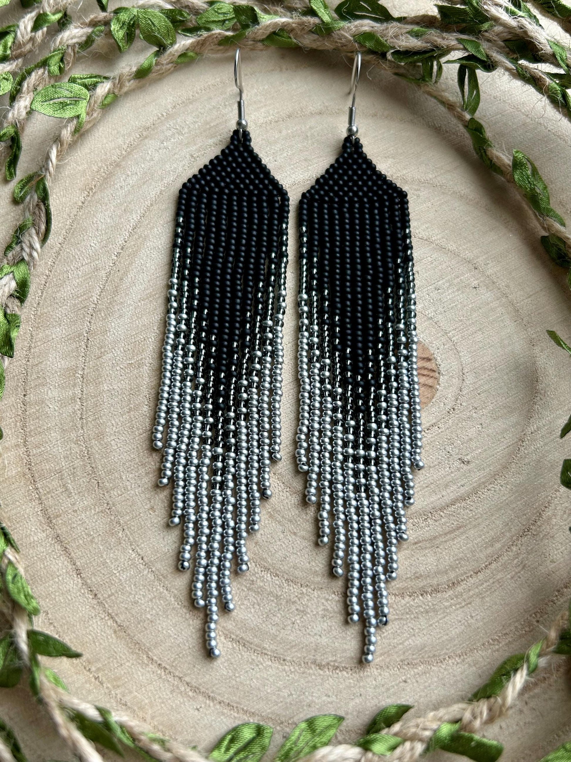 Long black matte beaded earrings with silver ombre fringe. Unique, vibrant, cute statement handmade boho earrings for women, eye-catching and perfect as a gift for her or for everyday wear image 9