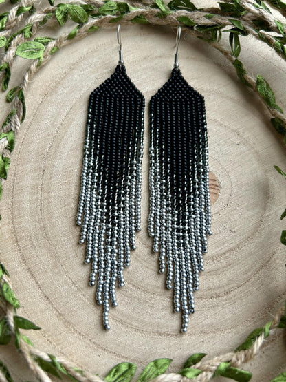 Long black matte beaded earrings with silver ombre fringe. Unique, vibrant, cute statement handmade boho earrings for women, eye-catching and perfect as a gift for her or for everyday wear image 9
