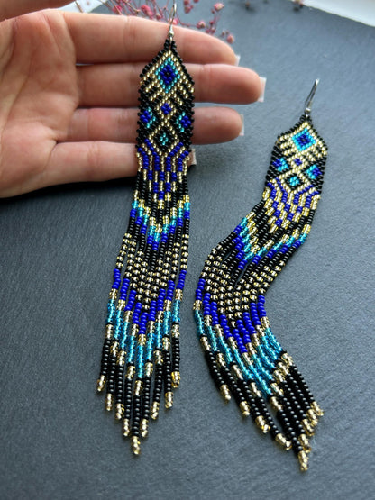 Handmade long black, blue, and gold beaded earrings with Native American ethnic design and fringe. Unique statement boho earrings for women image 6