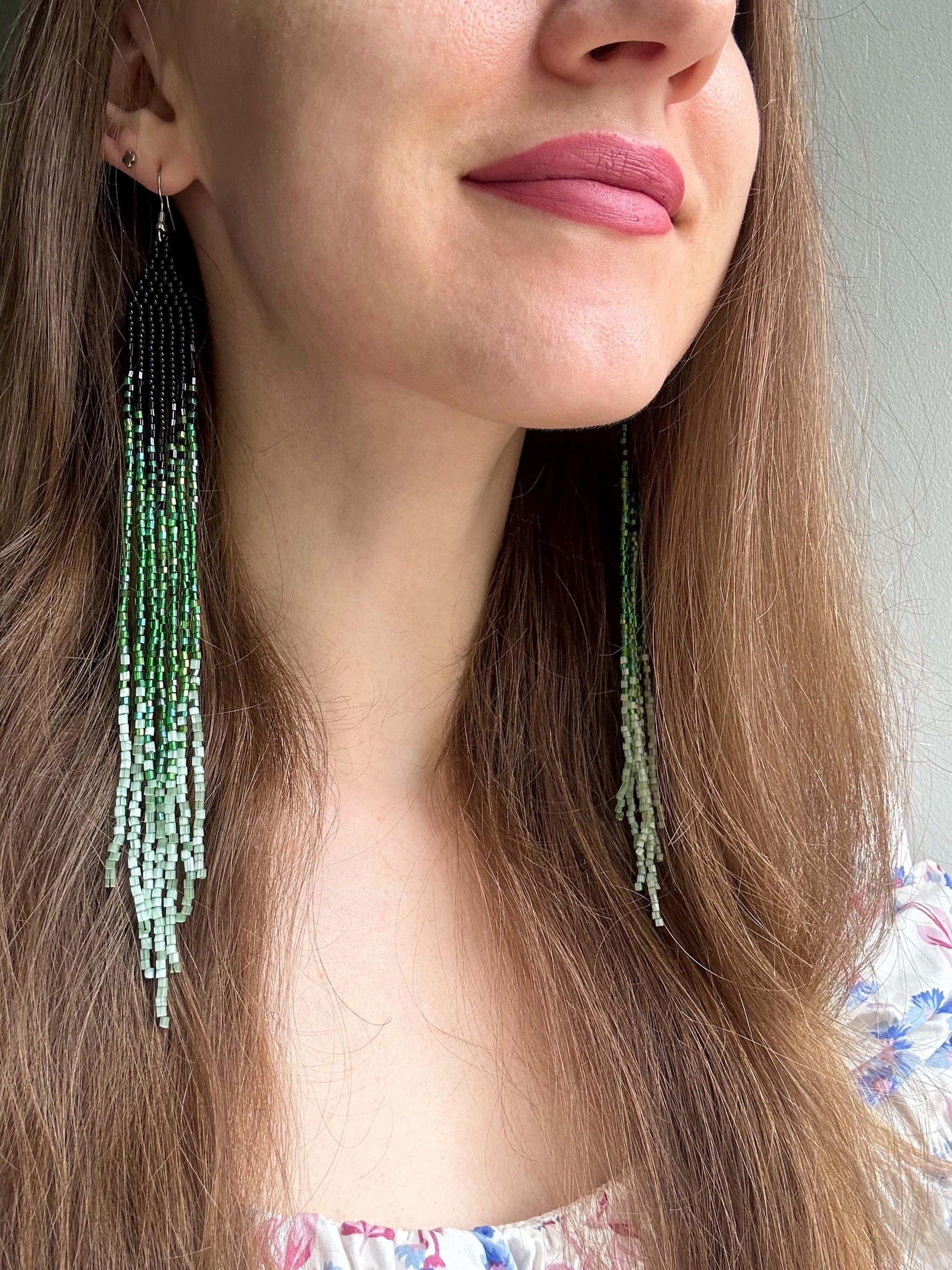Handmade long black and green beaded earrings with ombre effect and fringe. Unique boho statement earrings for women, vibrant, stylish, and perfect gift image 2