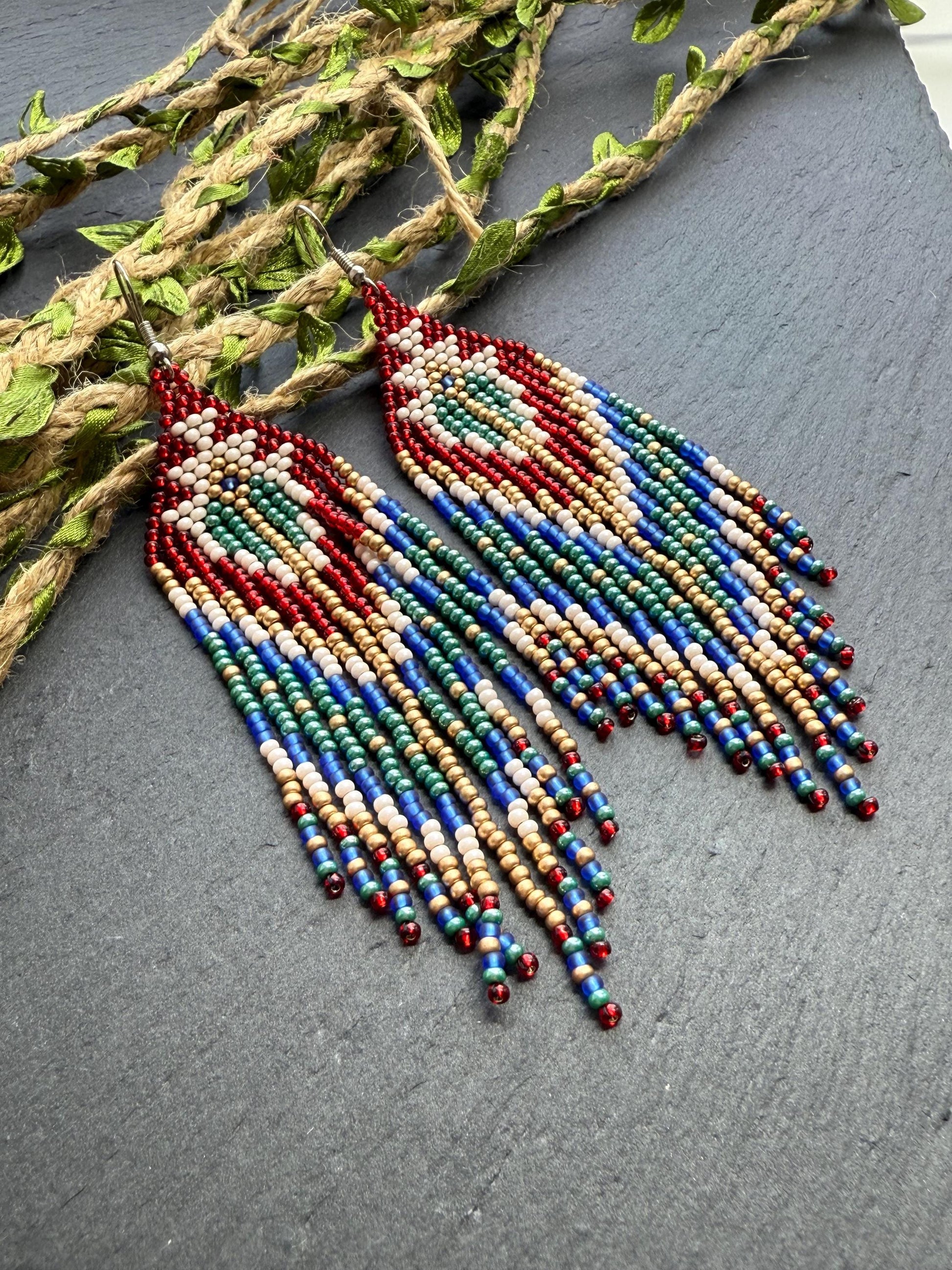 Unique handmade long beaded boho earrings in red, green, copper, blue, and beige. Native American statement earrings for women, unique gift for her image 1