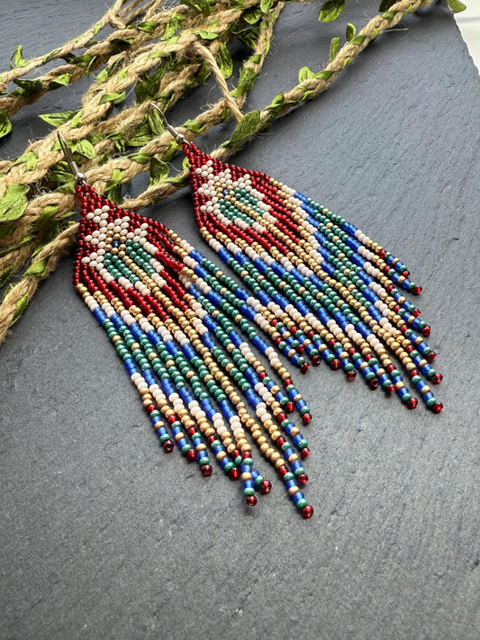 Unique handmade long beaded boho earrings in red, green, copper, blue, and beige. Native American statement earrings for women, unique gift for her image 1