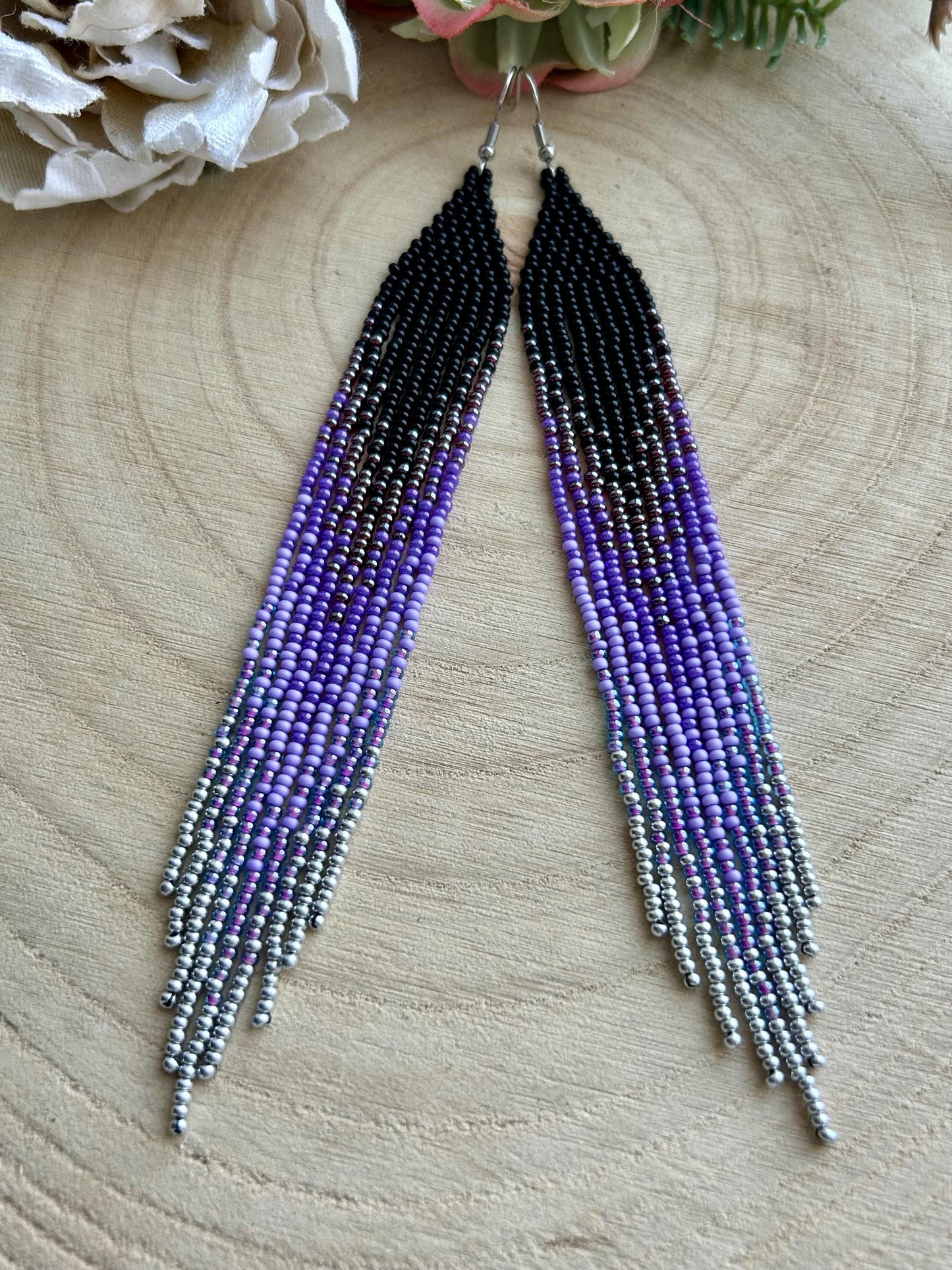Long black beaded earrings in purple ombré style with fringe and silver tips. Handmade boho jewelry that is unique, vibrant, and adds elegance and movement  image 10