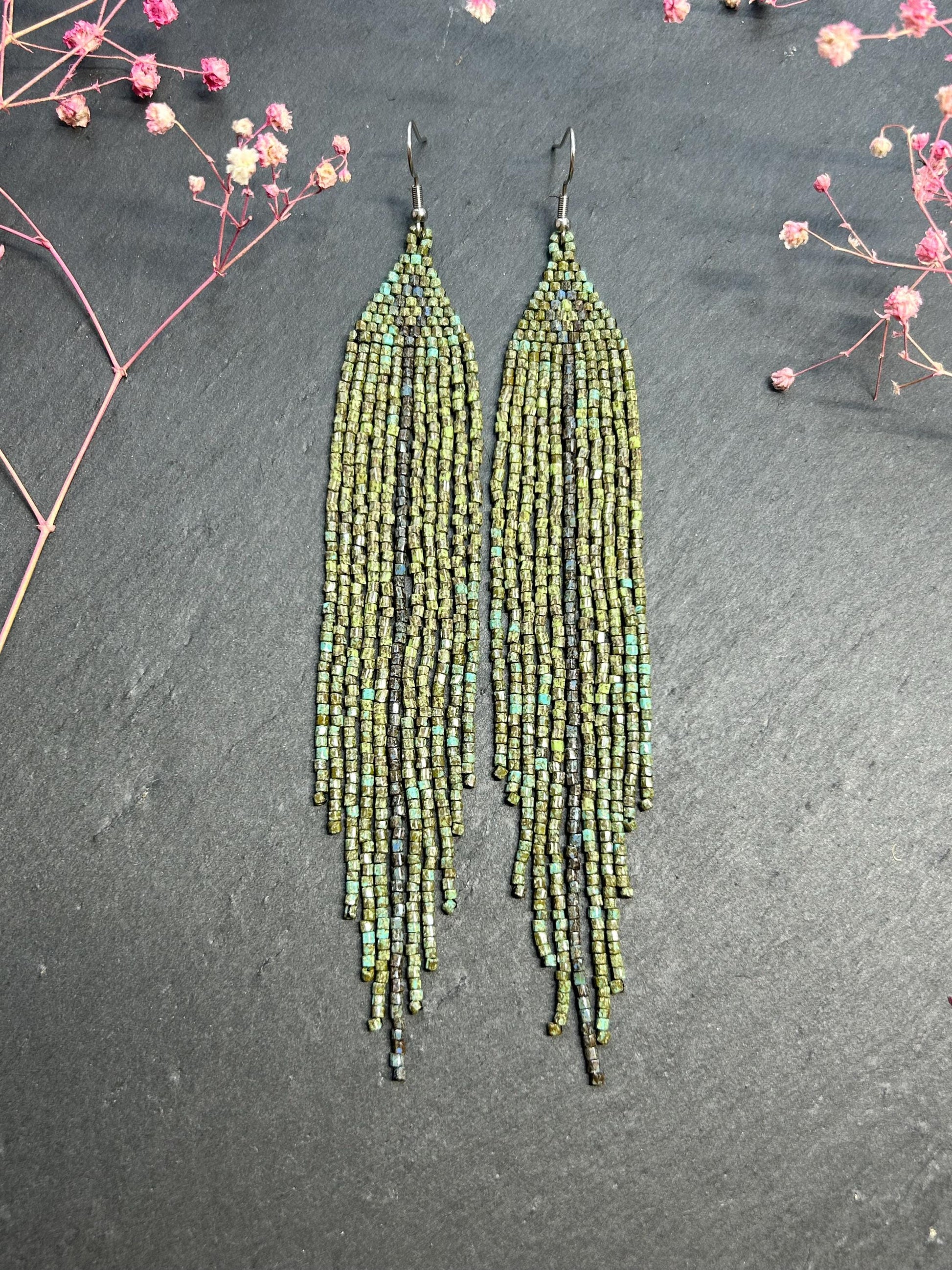 Long handmade green beaded earrings with fringe. Boho statement jewelry in natural shades, unique accessory for minimalist and artistic style image 1