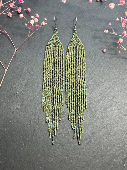 Long handmade green beaded earrings with fringe. Boho statement jewelry in natural shades, unique accessory for minimalist and artistic style image 1