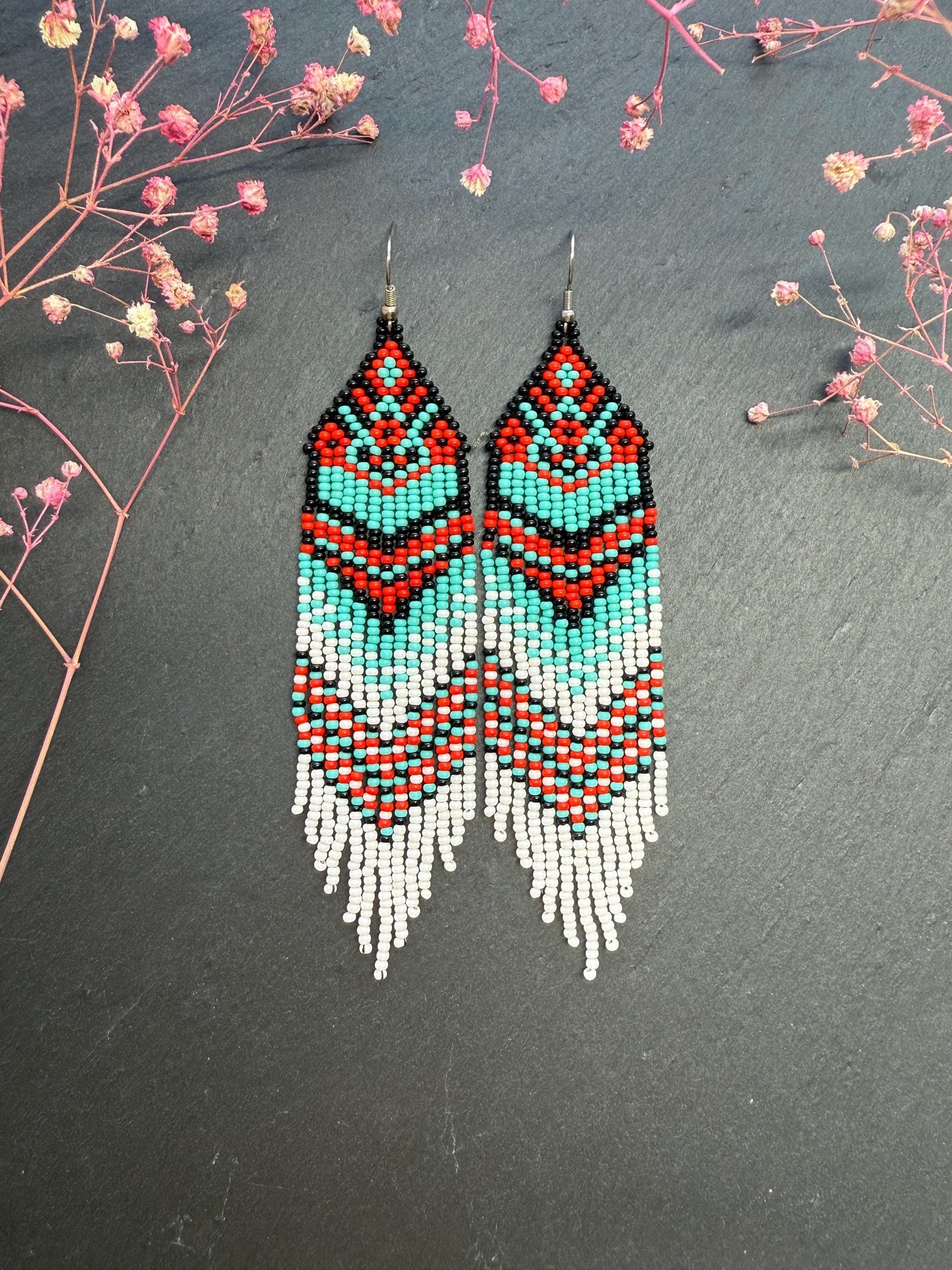 Handmade long beaded fringe earrings in red, black and turquoise with Native American motif. Boho statement dangle earrings for women, unique gift for her image 3