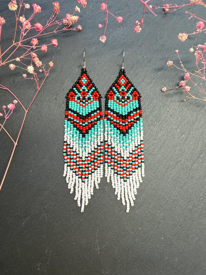 Handmade long beaded fringe earrings in red, black and turquoise with Native American motif. Boho statement dangle earrings for women, unique gift for her image 3