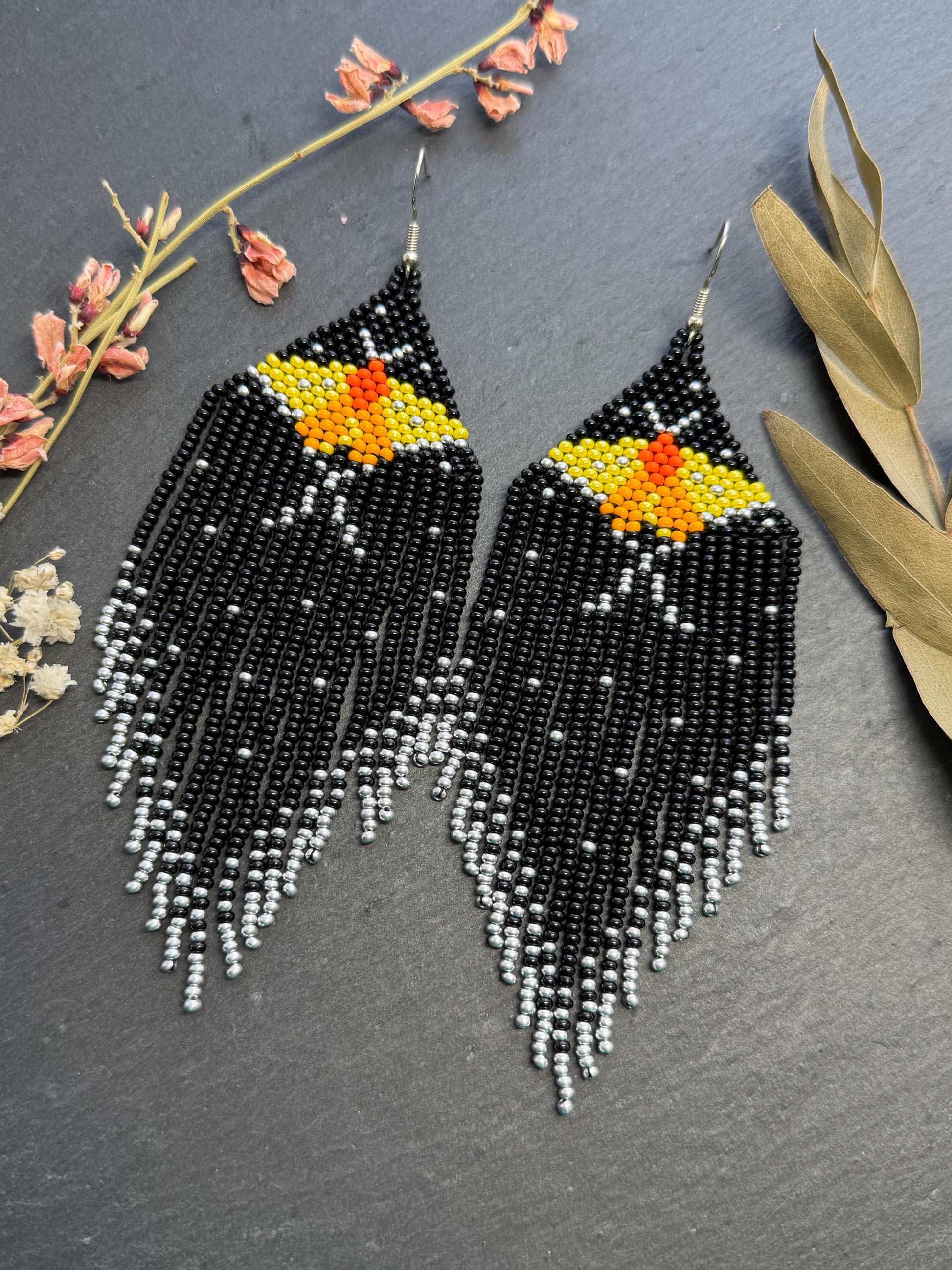 Handmade black and silver beaded butterfly earrings. Bright yellow butterfly, unique modern boho statement dangle earrings, jewelry gift for women image 9