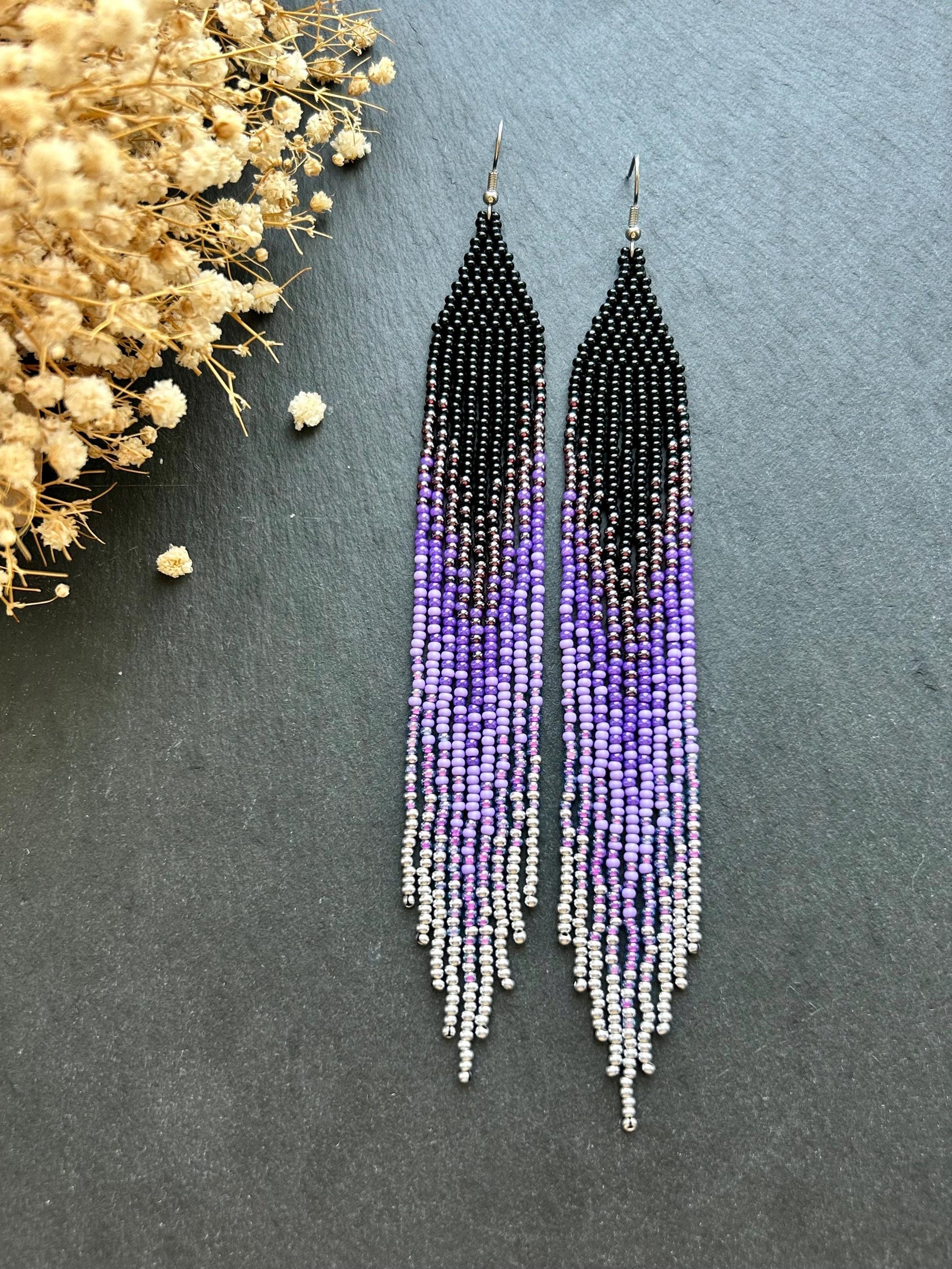 Long black beaded earrings in purple ombré style with fringe and silver tips. Handmade boho jewelry that is unique, vibrant, and adds elegance and movement  image 2