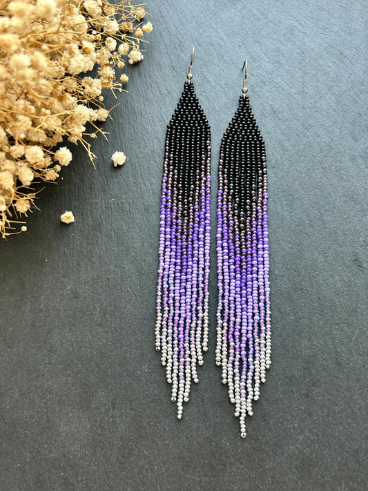 Long black beaded earrings in purple ombré style with fringe and silver tips. Handmade boho jewelry that is unique, vibrant, and adds elegance and movement  image 2