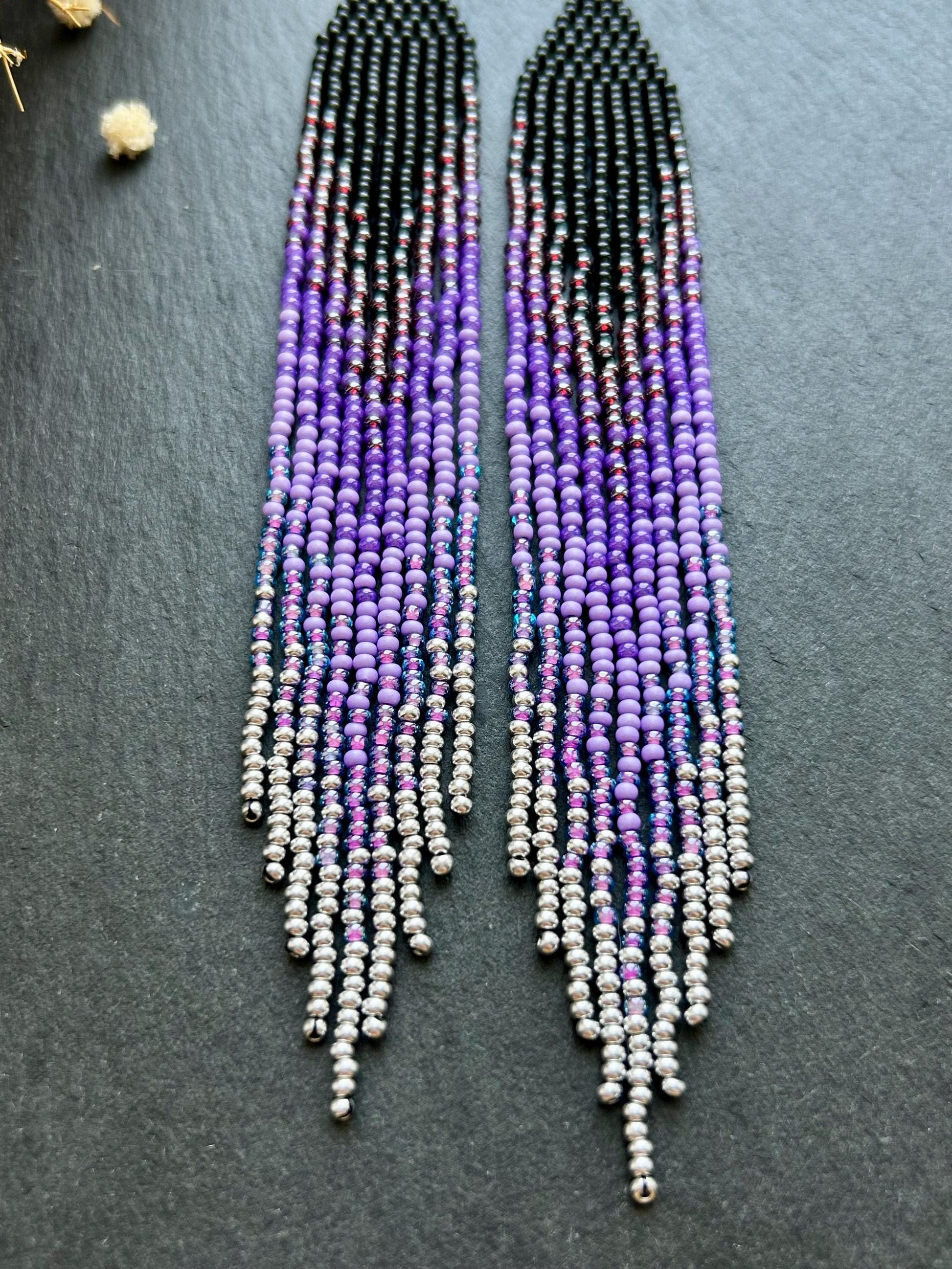 Long black beaded earrings in purple ombré style with fringe and silver tips. Handmade boho jewelry that is unique, vibrant, and adds elegance and movement  image 5