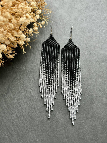 Long black matte beaded earrings with silver ombre fringe. Unique, vibrant, cute statement handmade boho earrings for women, eye-catching and perfect as a gift for her or for everyday wear image 3