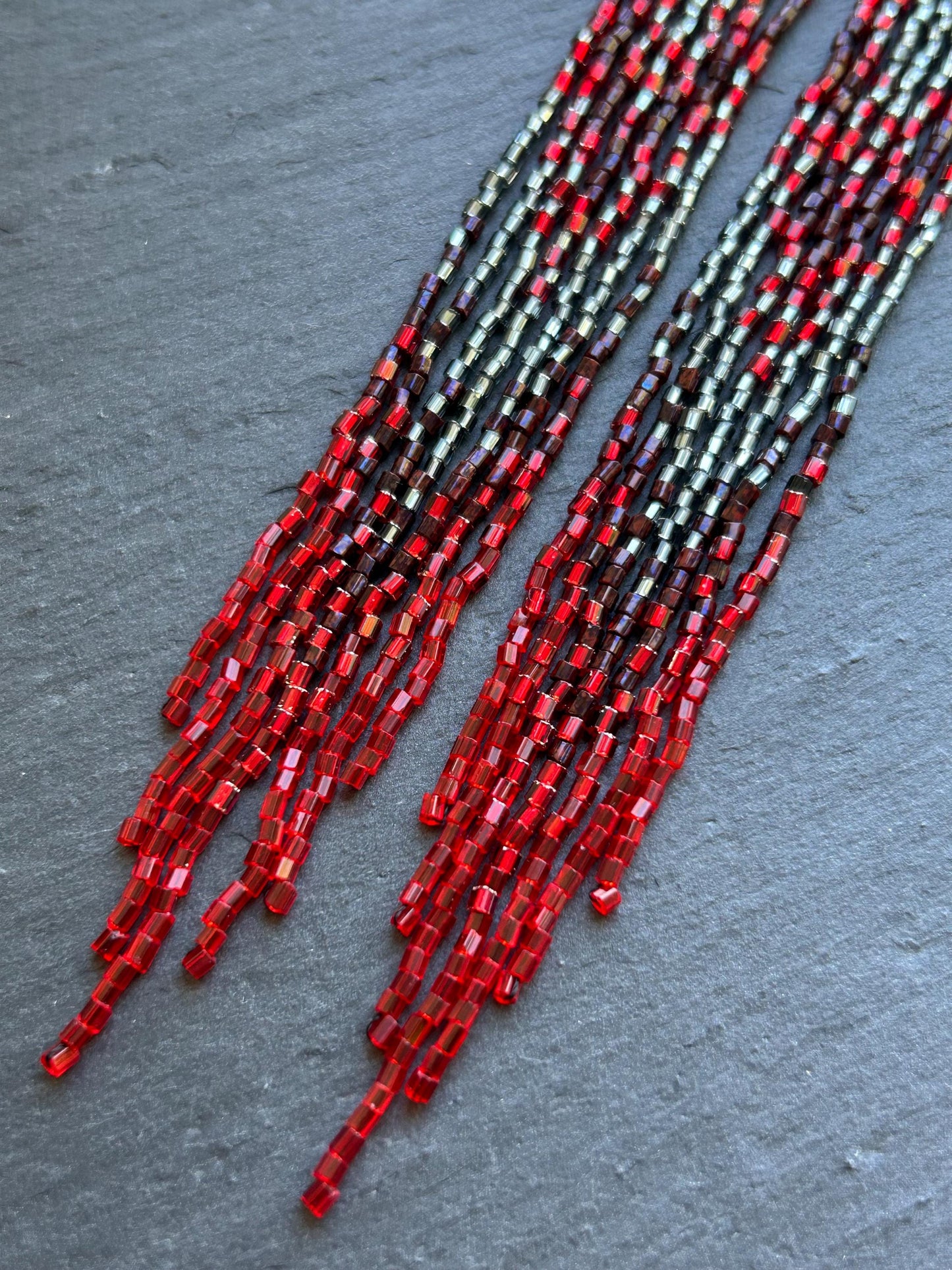 Handmade long beaded earrings in black, gray, and red ombre with flowing fringe. Boho statement jewelry, unique gift for lovers of artisan style image 8