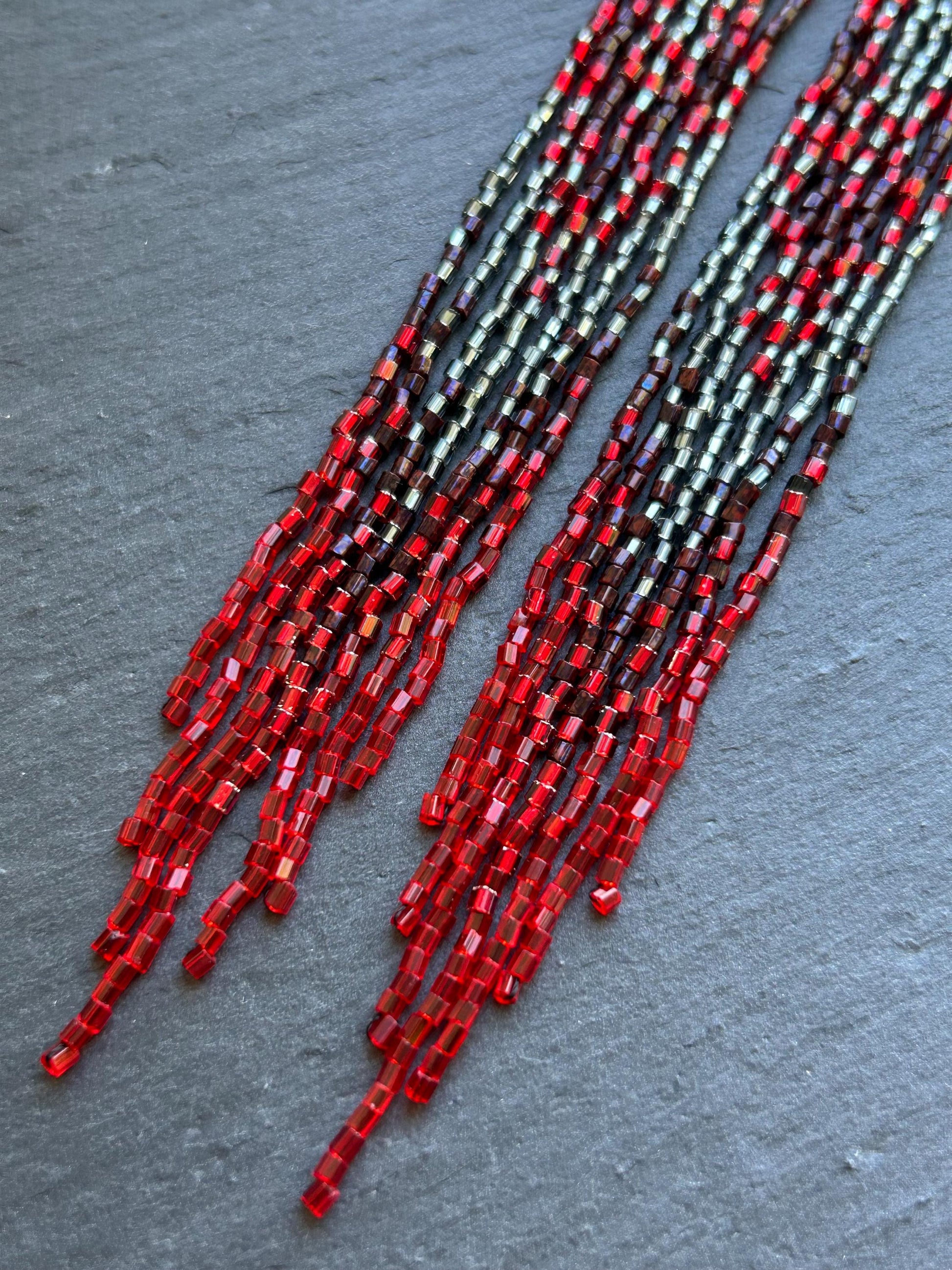 Handmade long beaded earrings in black, gray, and red ombre with flowing fringe. Boho statement jewelry, unique gift for lovers of artisan style image 8