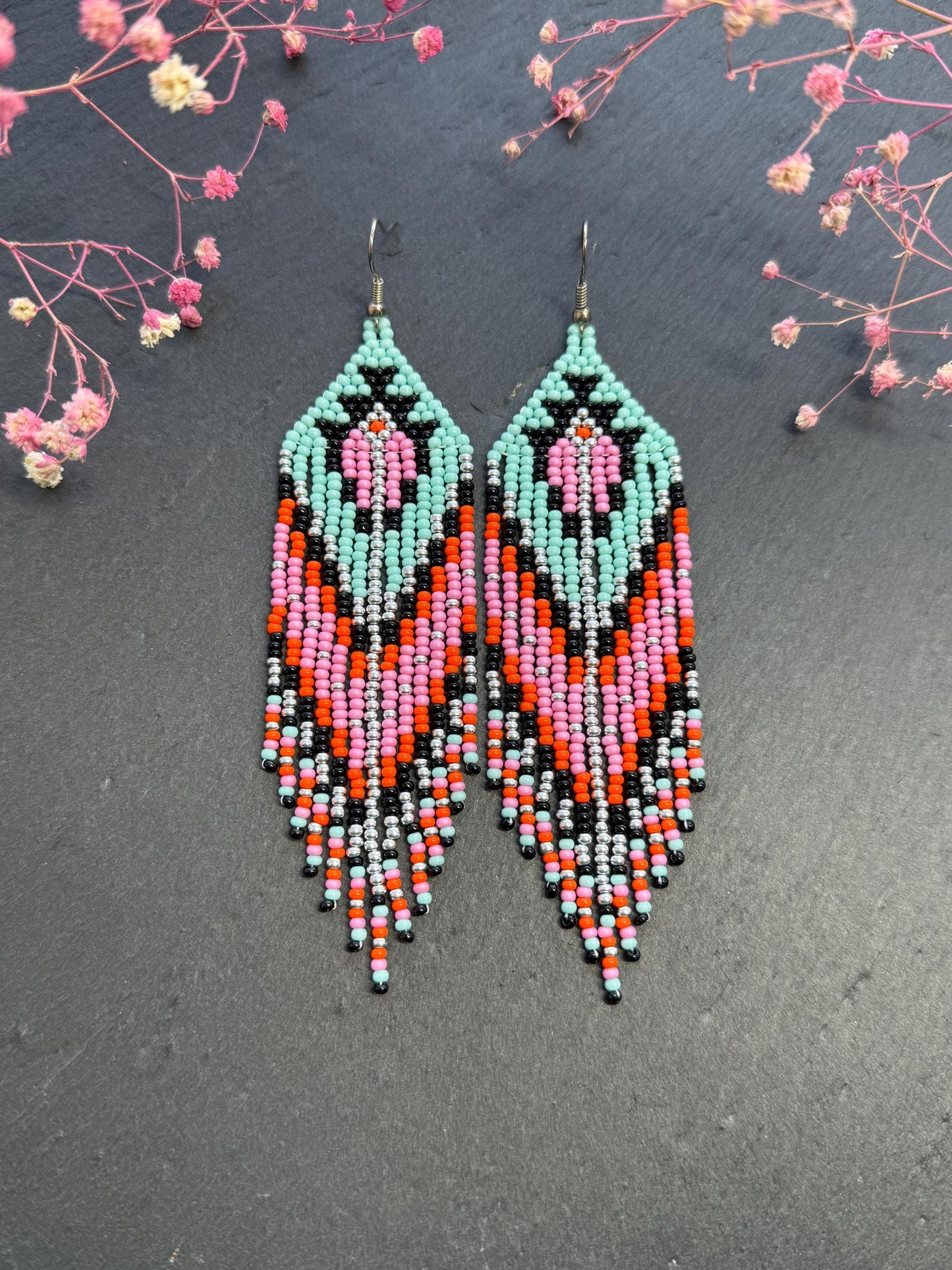 Handmade long beaded boho earrings in turquoise, black, silver, pink, and orange. Geometric design with elegant fringe, lightweight statement jewelry for any occasion  image 2