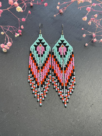 Handmade long beaded boho earrings in turquoise, black, silver, pink, and orange. Geometric design with elegant fringe, lightweight statement jewelry for any occasion  image 2