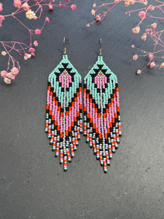 Handmade long beaded boho earrings in turquoise, black, silver, pink, and orange. Geometric design with elegant fringe, lightweight statement jewelry for any occasion  image 2