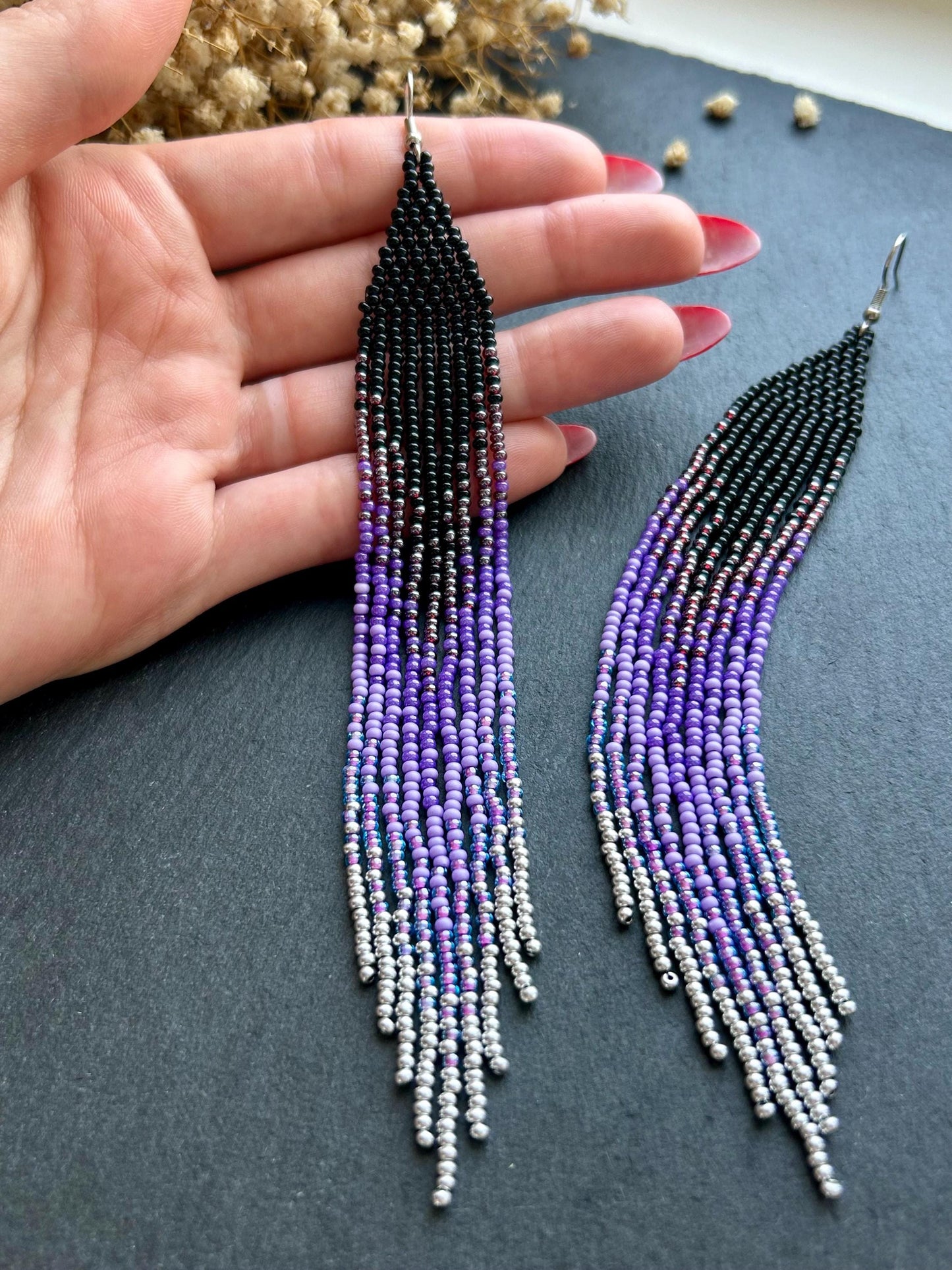 Long black beaded earrings in purple ombré style with fringe and silver tips. Handmade boho jewelry that is unique, vibrant, and adds elegance and movement  image 6