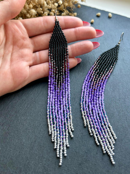 Long black beaded earrings in purple ombré style with fringe and silver tips. Handmade boho jewelry that is unique, vibrant, and adds elegance and movement  image 6