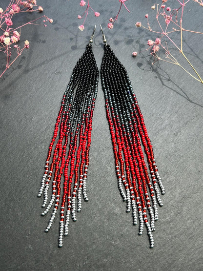 Long black and red ombre handmade beaded earrings with flowing fringe. Unique boho statement jewelry, perfect gift for women image 7
