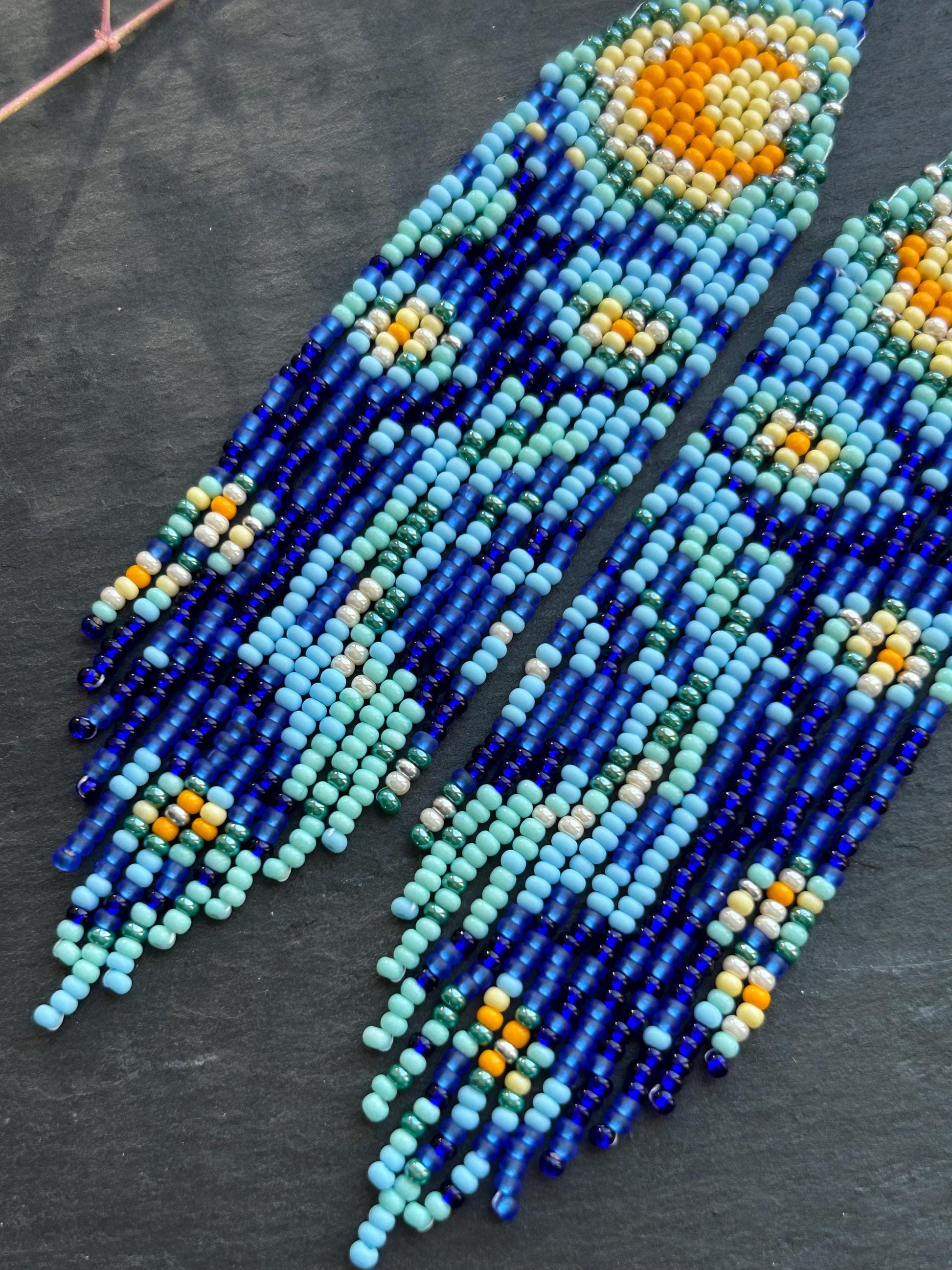 Long handmade “Starry Night” earrings with blue, yellow, and turquoise beads. Unique Boho statement jewelry inspired by Van Gogh, perfect for creative and artistic style image 4