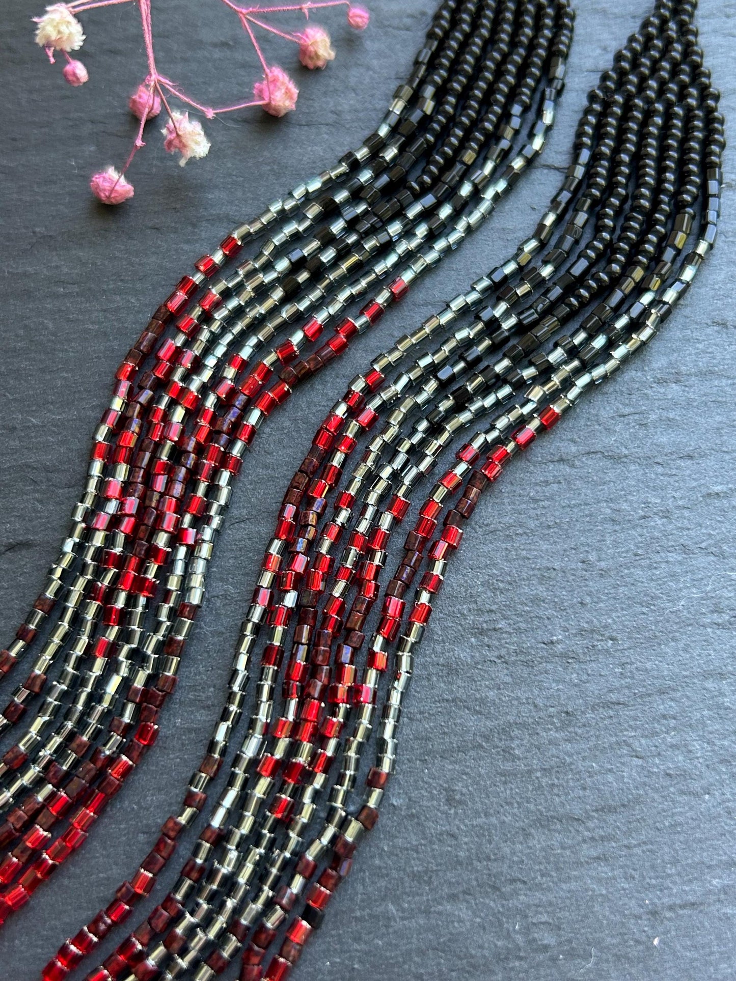 Handmade long beaded earrings in black, gray, and red ombre with flowing fringe. Boho statement jewelry, unique gift for lovers of artisan style image 7