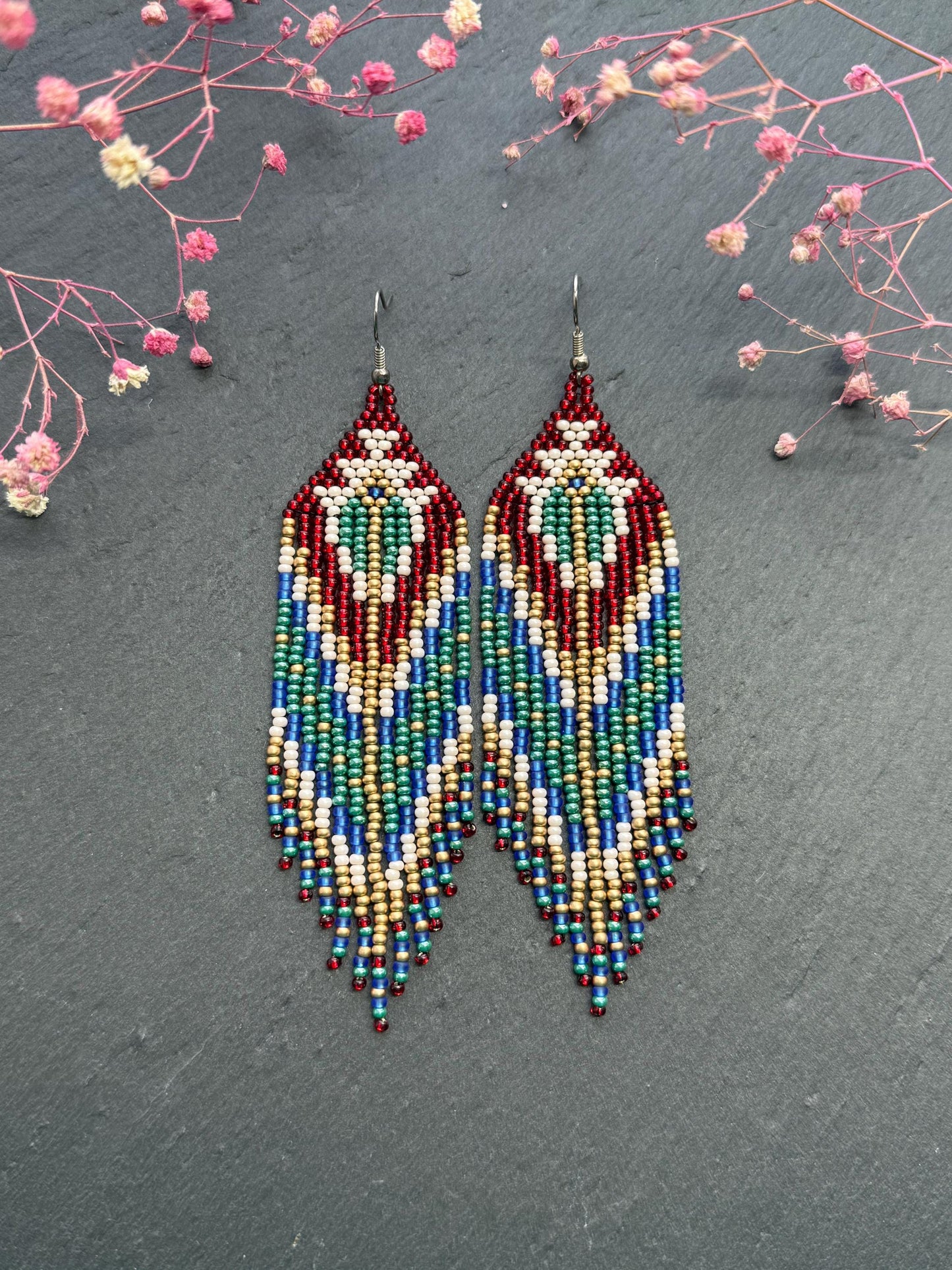 Unique handmade long beaded boho earrings in red, green, copper, blue, and beige. Native American statement earrings for women, unique gift for her image 3