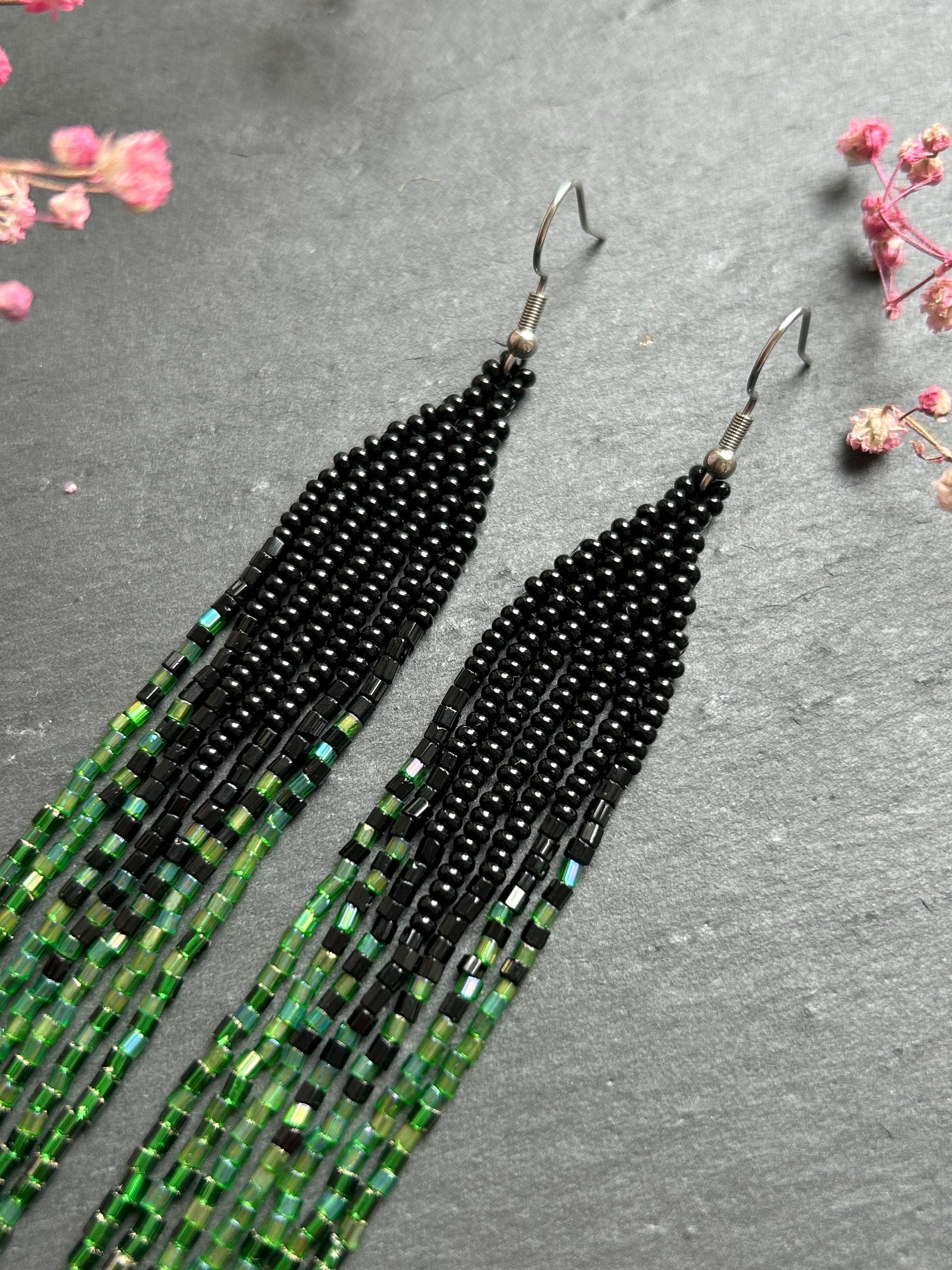 Handmade long black and green beaded earrings with ombre effect and fringe. Unique boho statement earrings for women, vibrant, stylish, and perfect gift image 4
