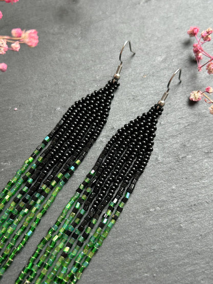 Handmade long black and green beaded earrings with ombre effect and fringe. Unique boho statement earrings for women, vibrant, stylish, and perfect gift image 4
