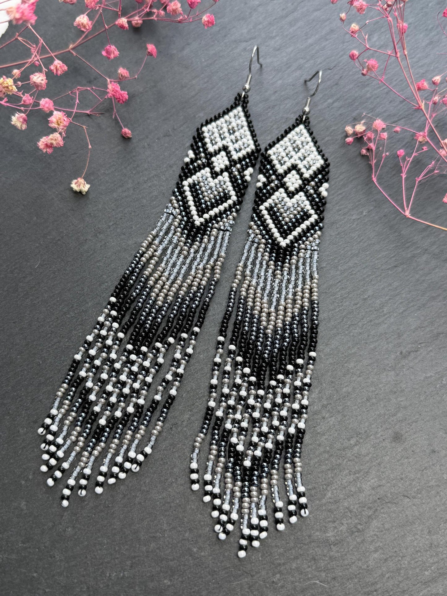 Long black and gray beaded fringe earrings in Native American style. Handmade statement earrings for women, unique ethnic design and perfect gift image 10
