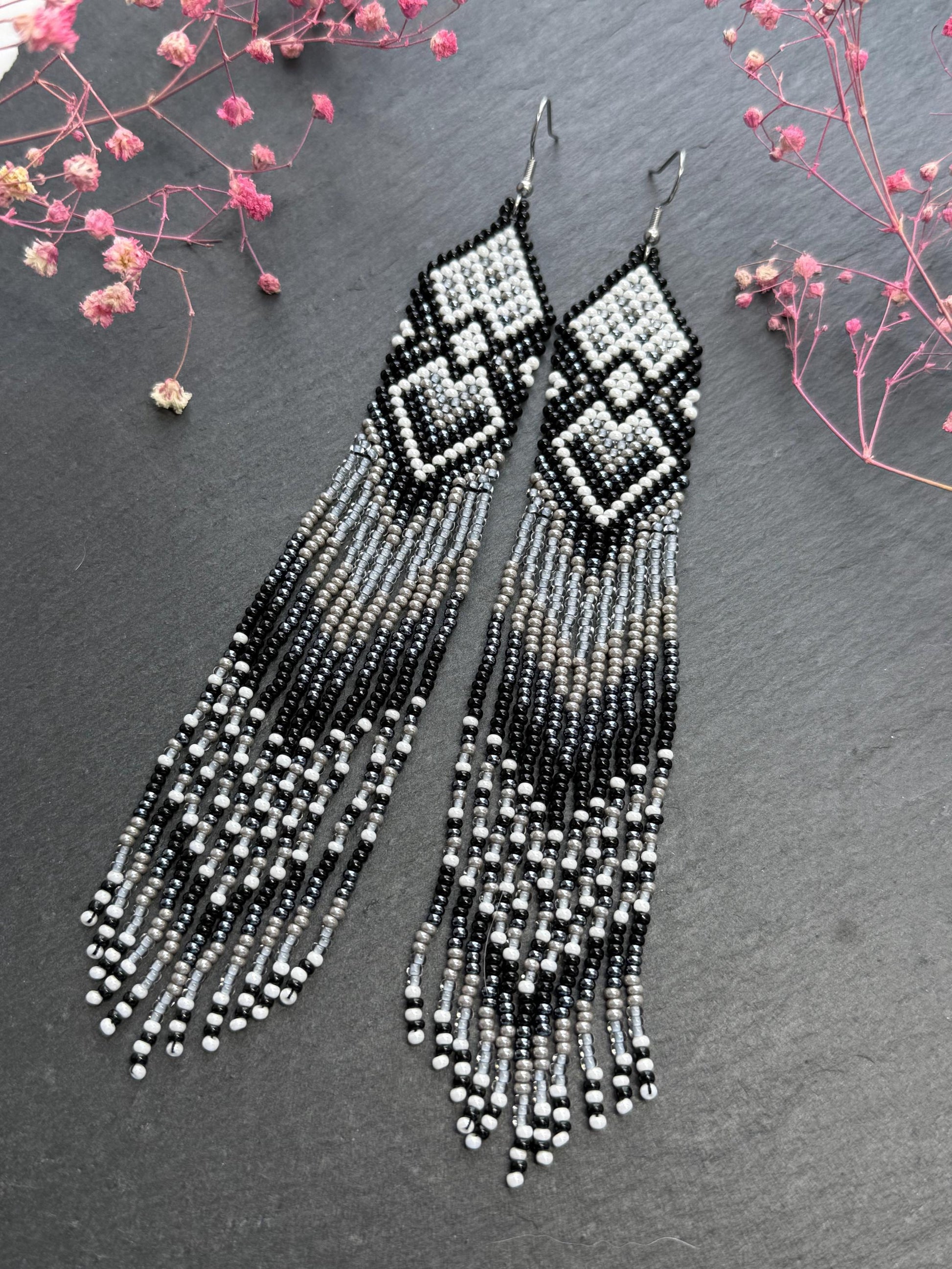 Long black and gray beaded fringe earrings in Native American style. Handmade statement earrings for women, unique ethnic design and perfect gift image 10