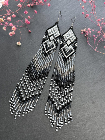 Long black and gray beaded fringe earrings in Native American style. Handmade statement earrings for women, unique ethnic design and perfect gift image 10